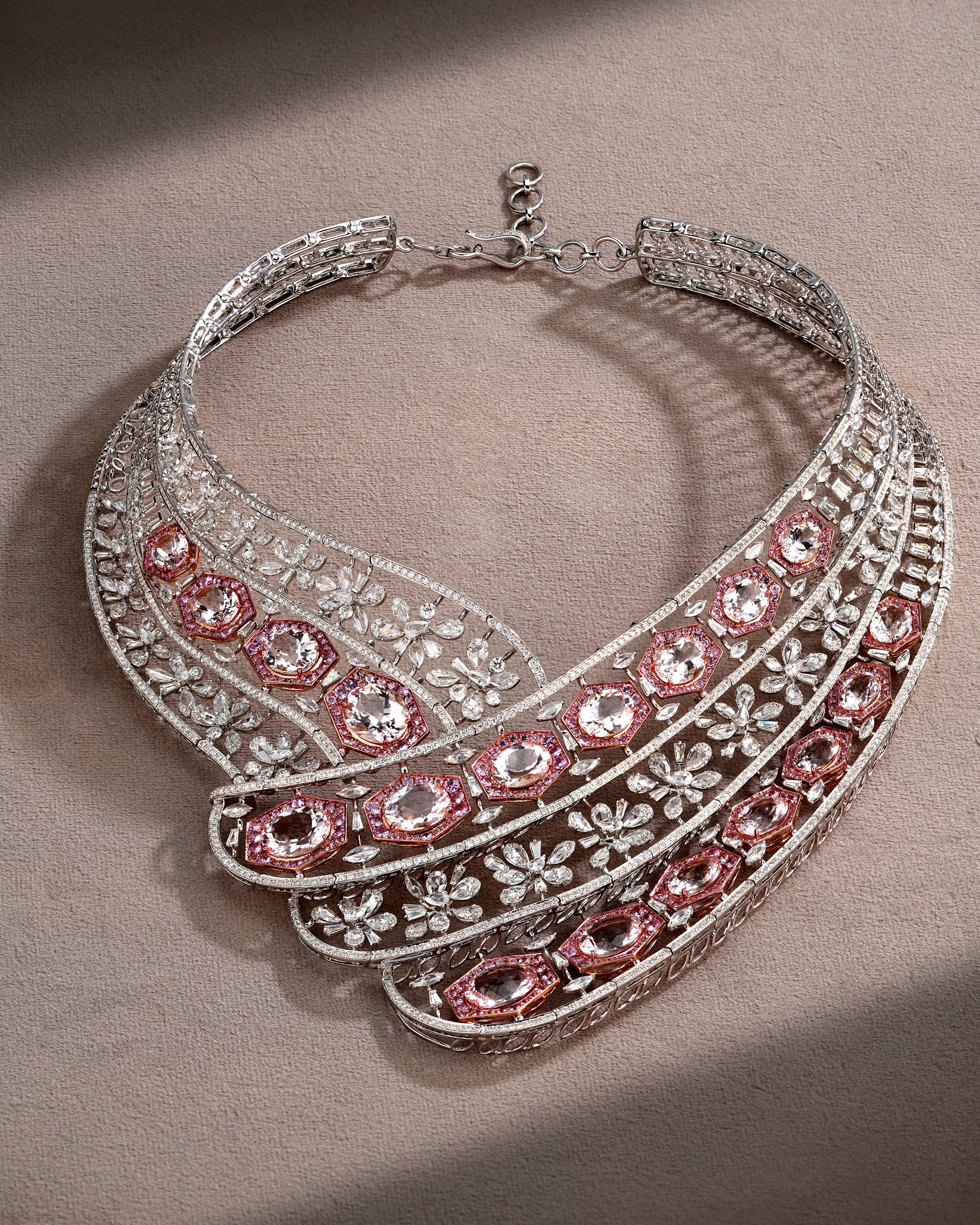 Blush Royale Morganite & Sapphire Grand Necklace & Petal Mist Morganite & Sapphire Lily Earrings