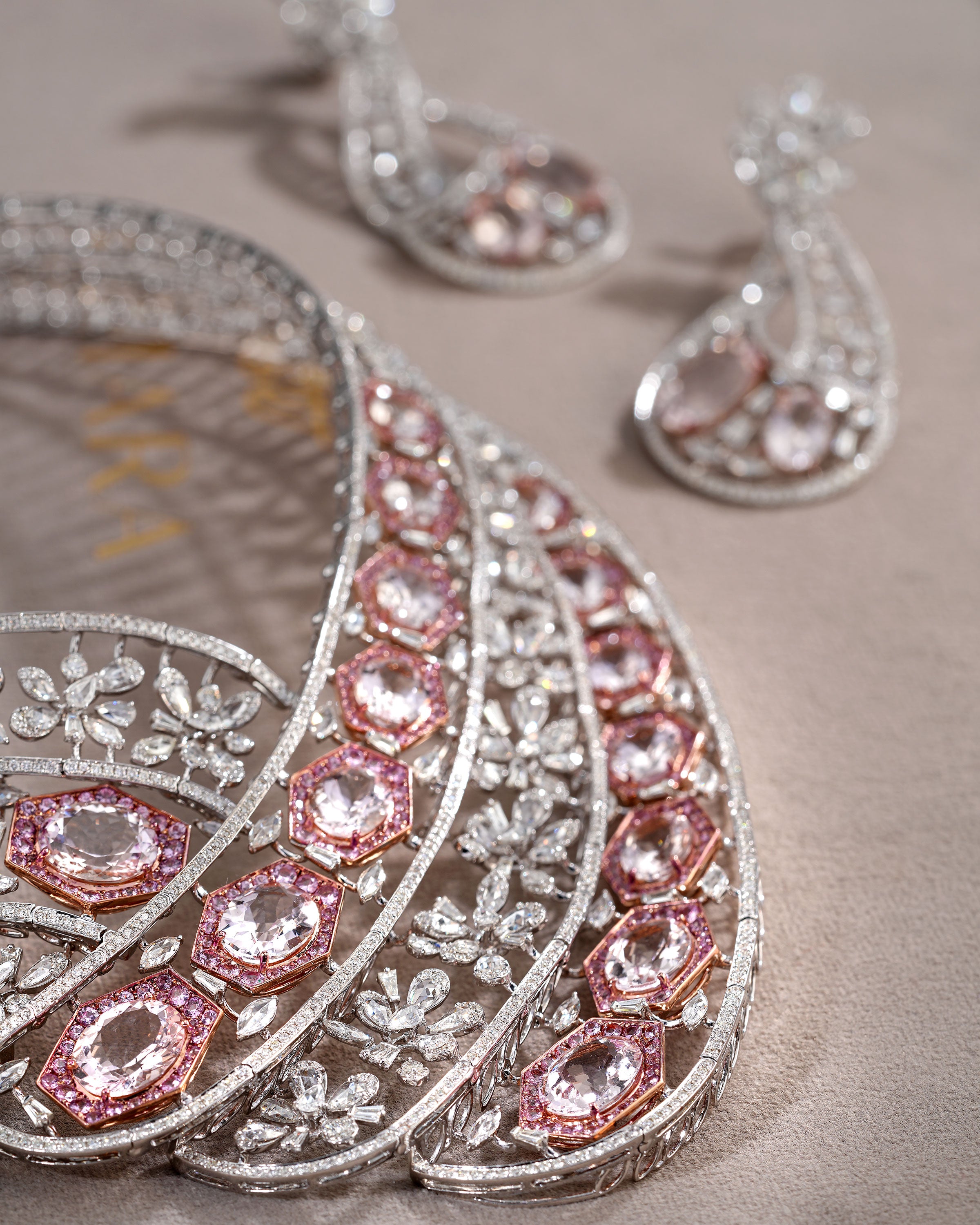 Blush Royale Morganite & Sapphire Grand Necklace & Petal Mist Morganite & Sapphire Lily Earrings