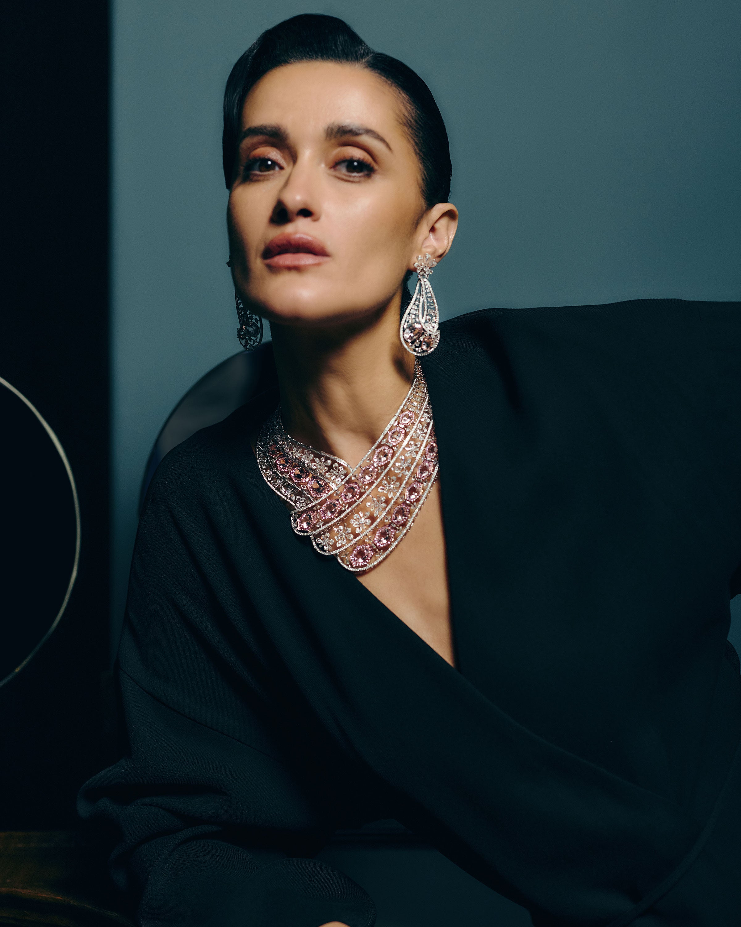 Blush Royale Morganite & Sapphire Grand Necklace & Petal Mist Morganite & Sapphire Lily Earrings