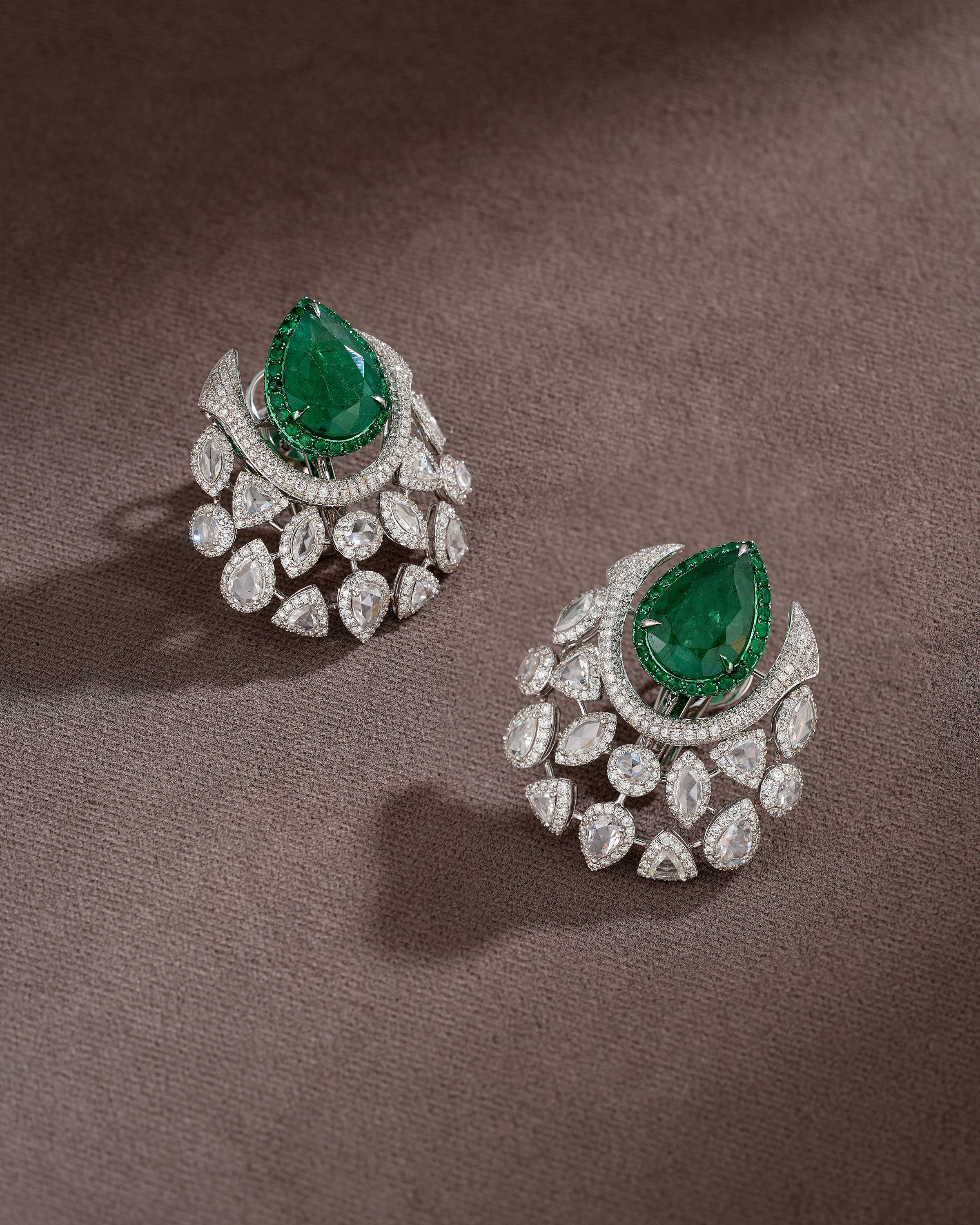 Regal Green Cascade Emerald Diamond Necklace & Emerald Crown Diamond Stud Drops