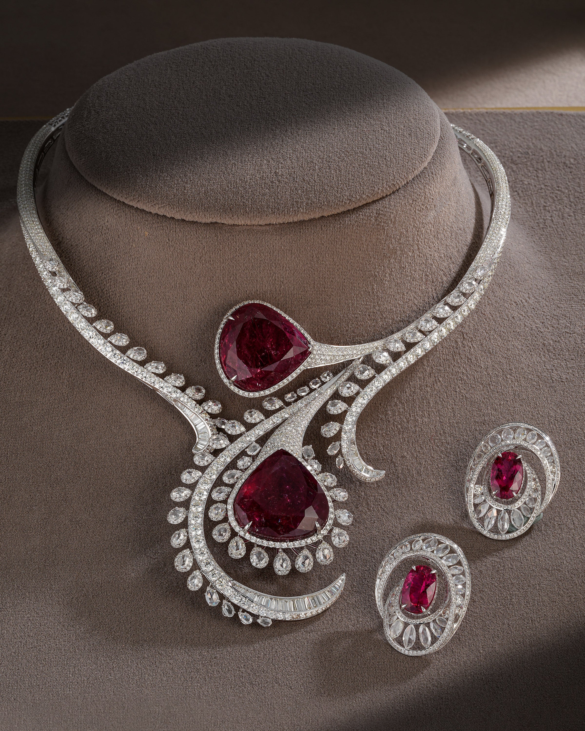Rosette Tourmaline Cascade Diamond Necklace & Petite Dewdrop Tourmaline Diamond Earrings