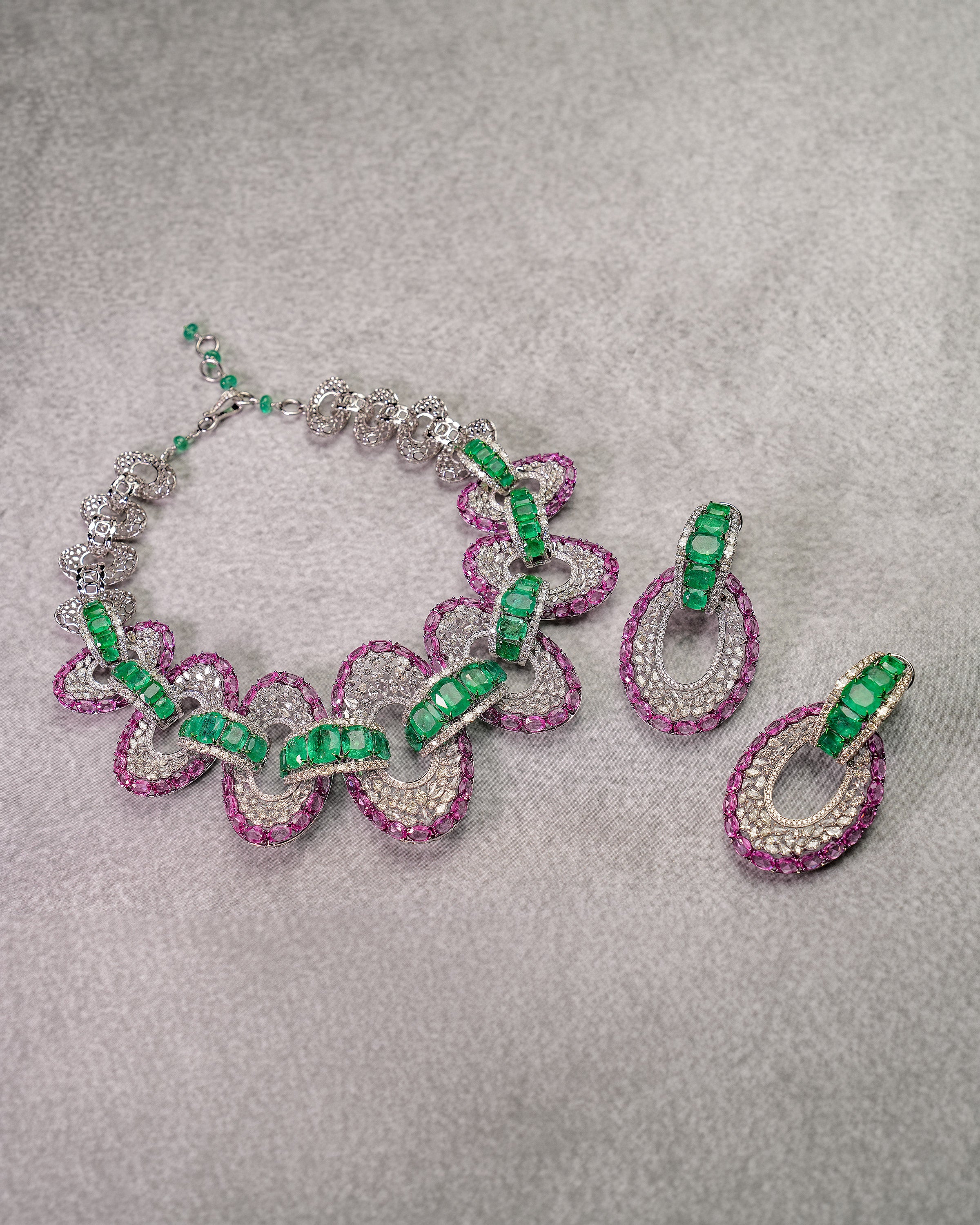 Enchanted Pink Sapphire & Zambian Emerald Necklace & Enchanted Pink Sapphire & Zambian Emerald Droplet Earrings