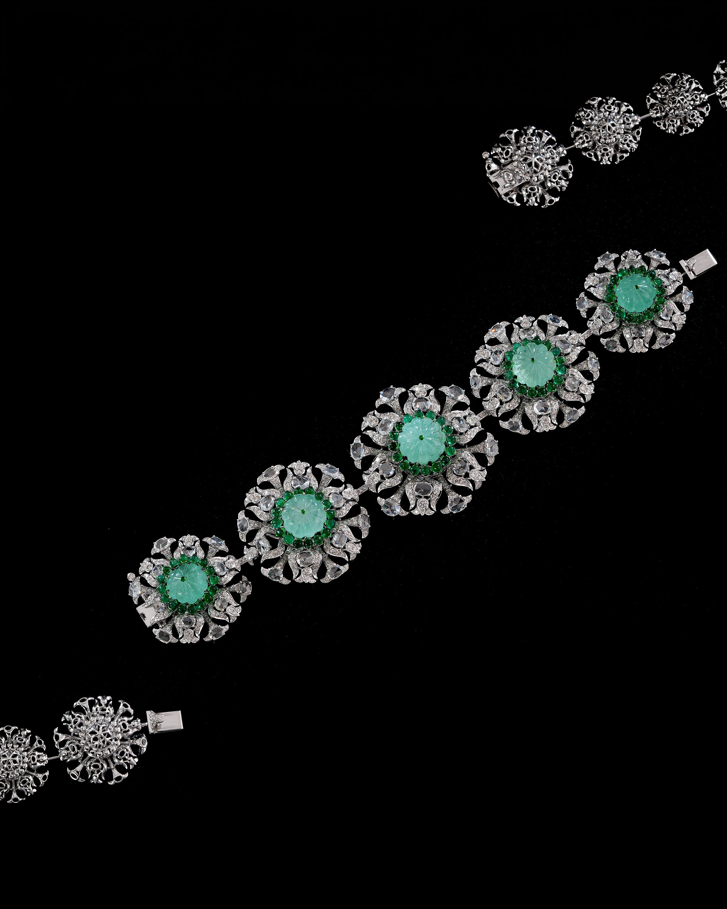 Emerald Bloom Russian & Zambian Diamond Necklace & Dual-Emerald Glow Diamond Earrings