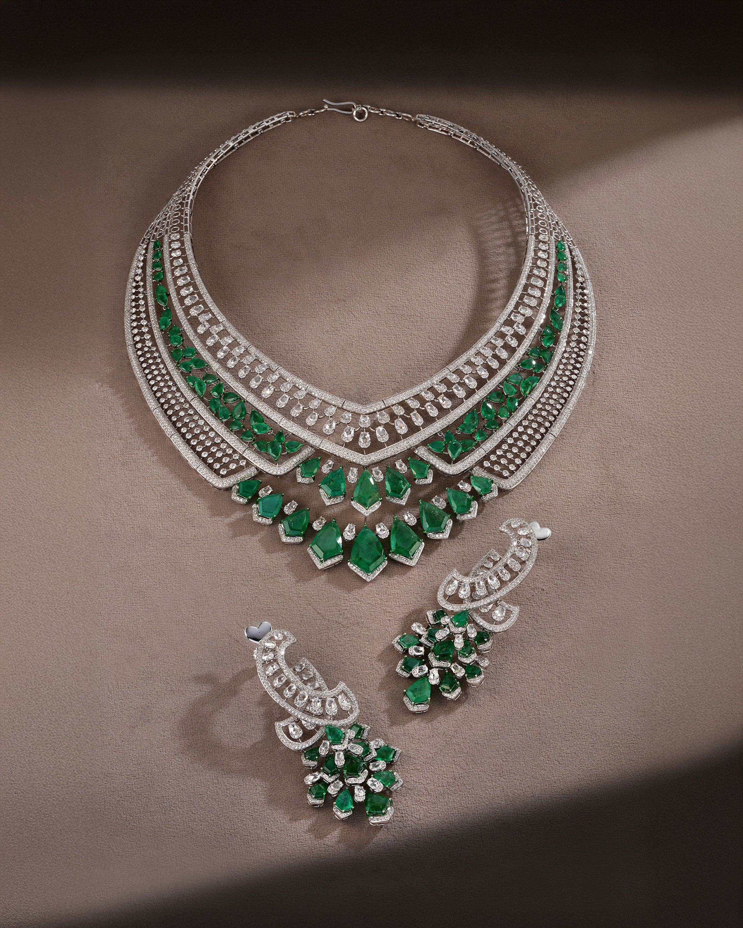 Empress Tier Zambian Emerald Diamond Necklace & Verdant Bloom Emerald & Diamond Drops