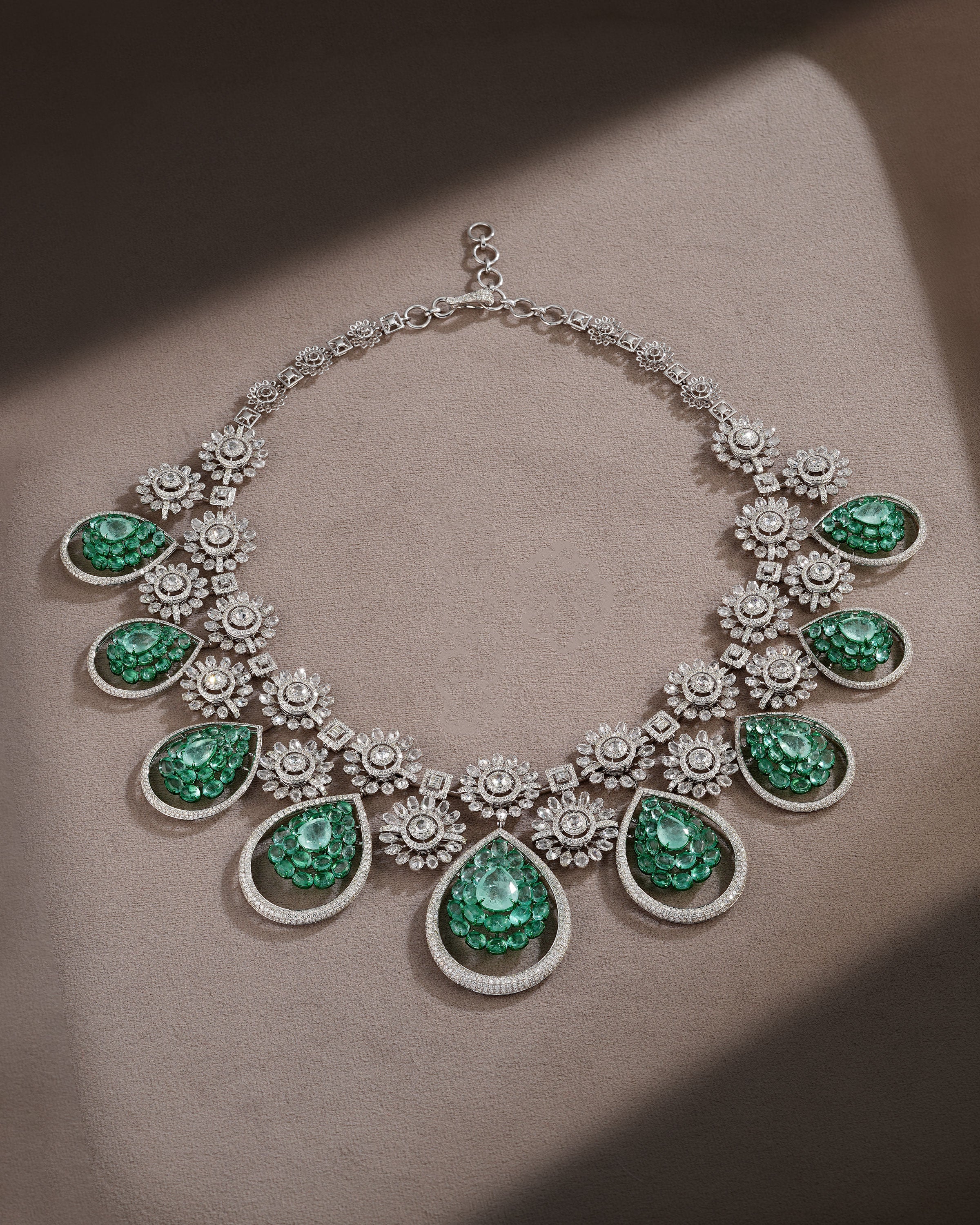Imperial Verdure Russian Emerald Diamond Necklace & Royal Moss Emerald Diamond Stud Drops