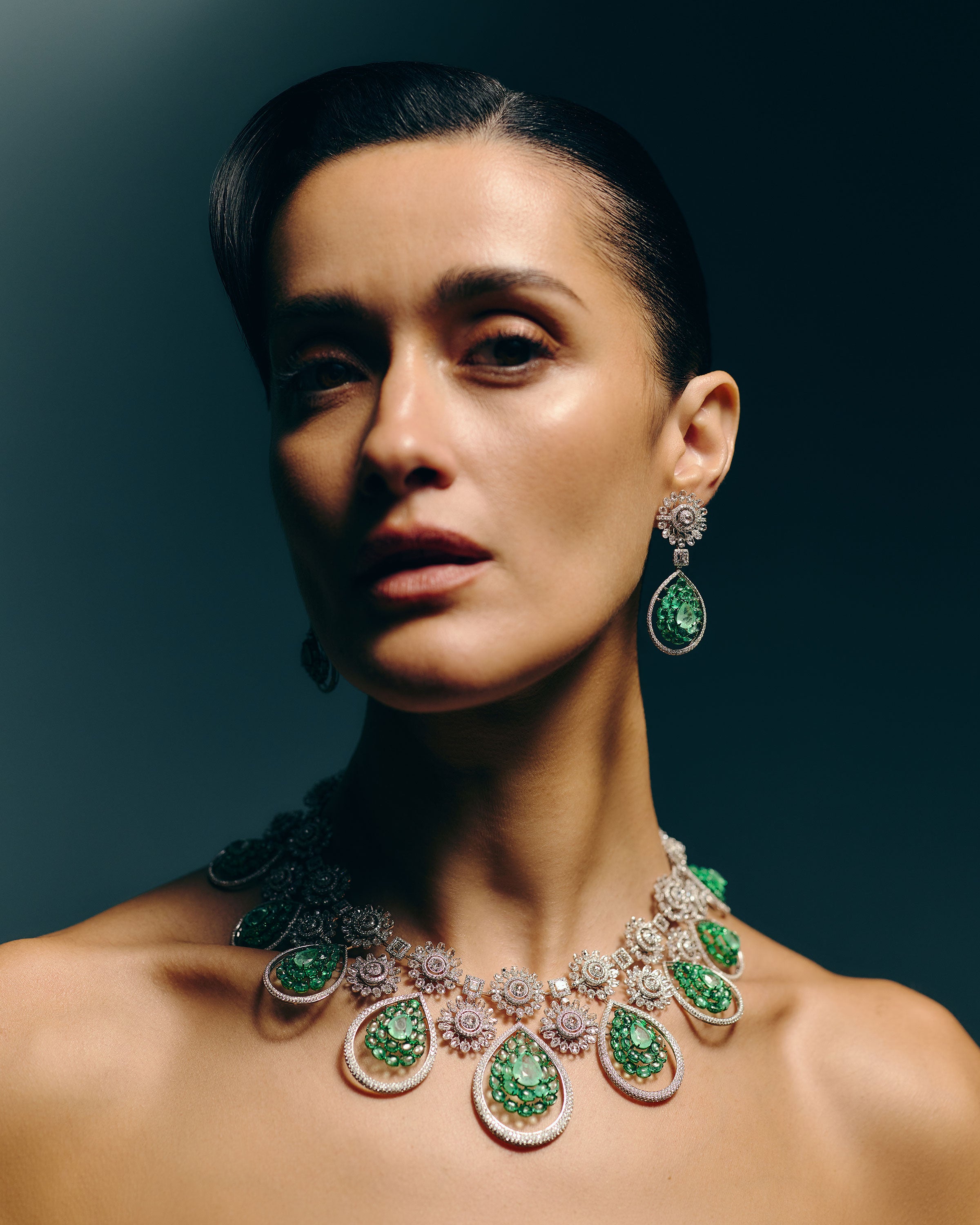 Imperial Verdure Russian Emerald Diamond Necklace & Royal Moss Emerald Diamond Stud Drops
