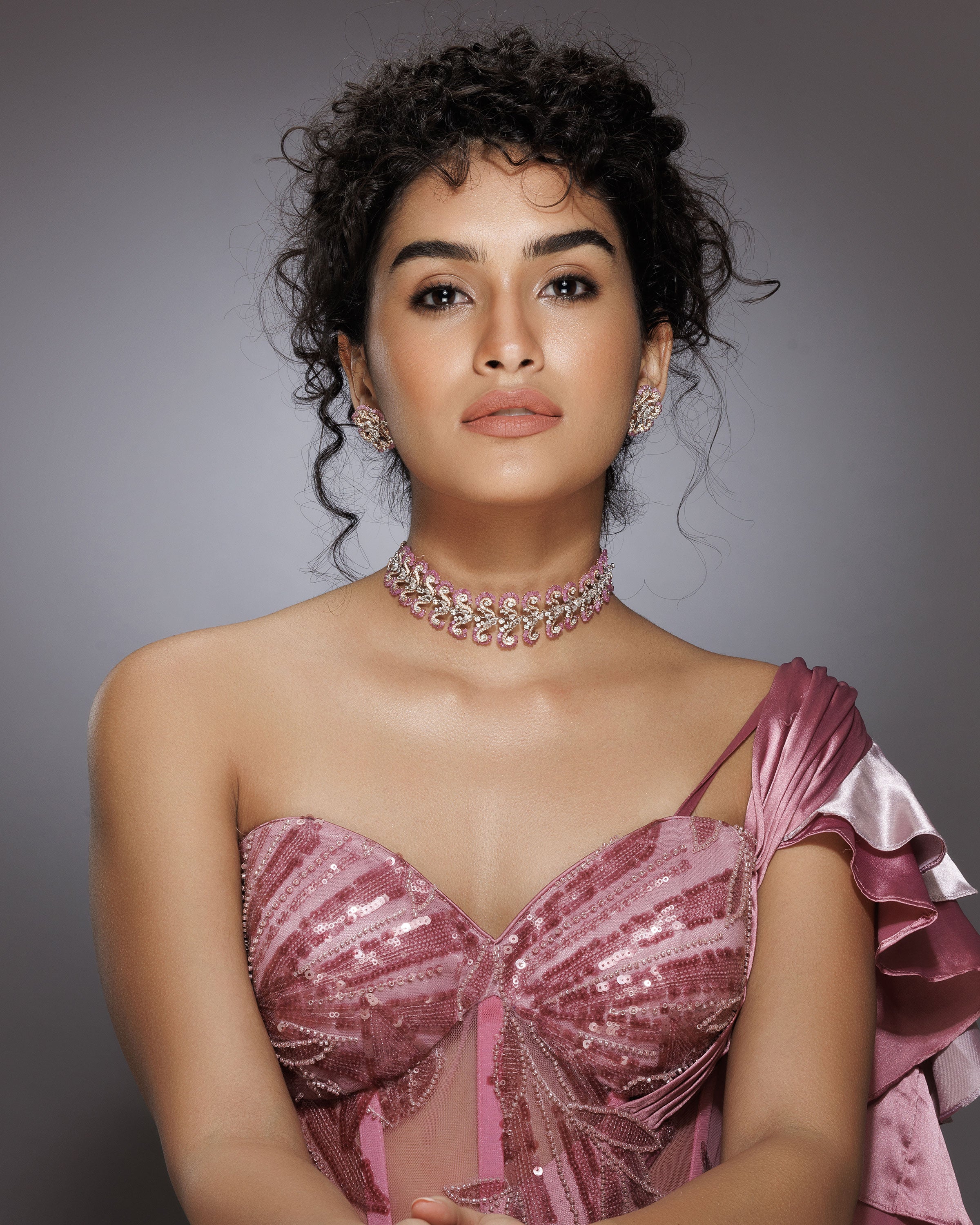 Ruby-Stripes Pink Sapphire Diamond Necklace & Pink Halo Radiance Diamond Earrings