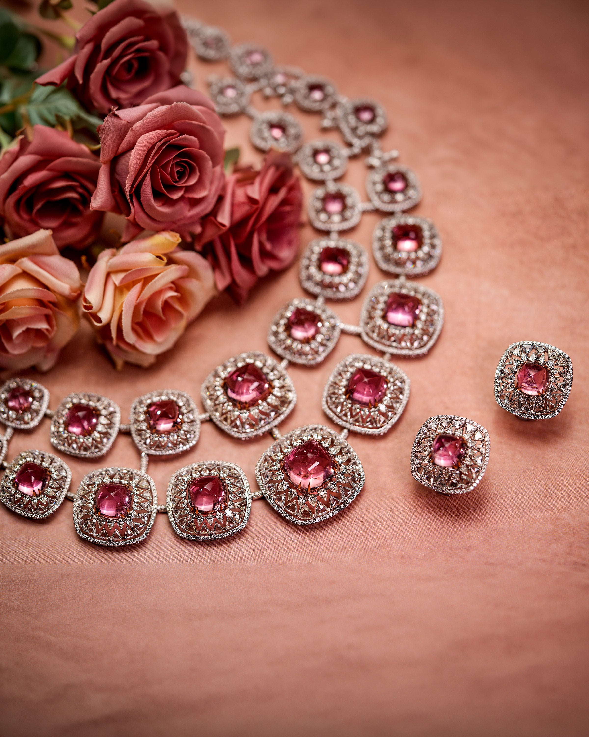 Celestial Arc Tourmaline Diamond Necklace & Tourmaline Whisper Diamond Earrings