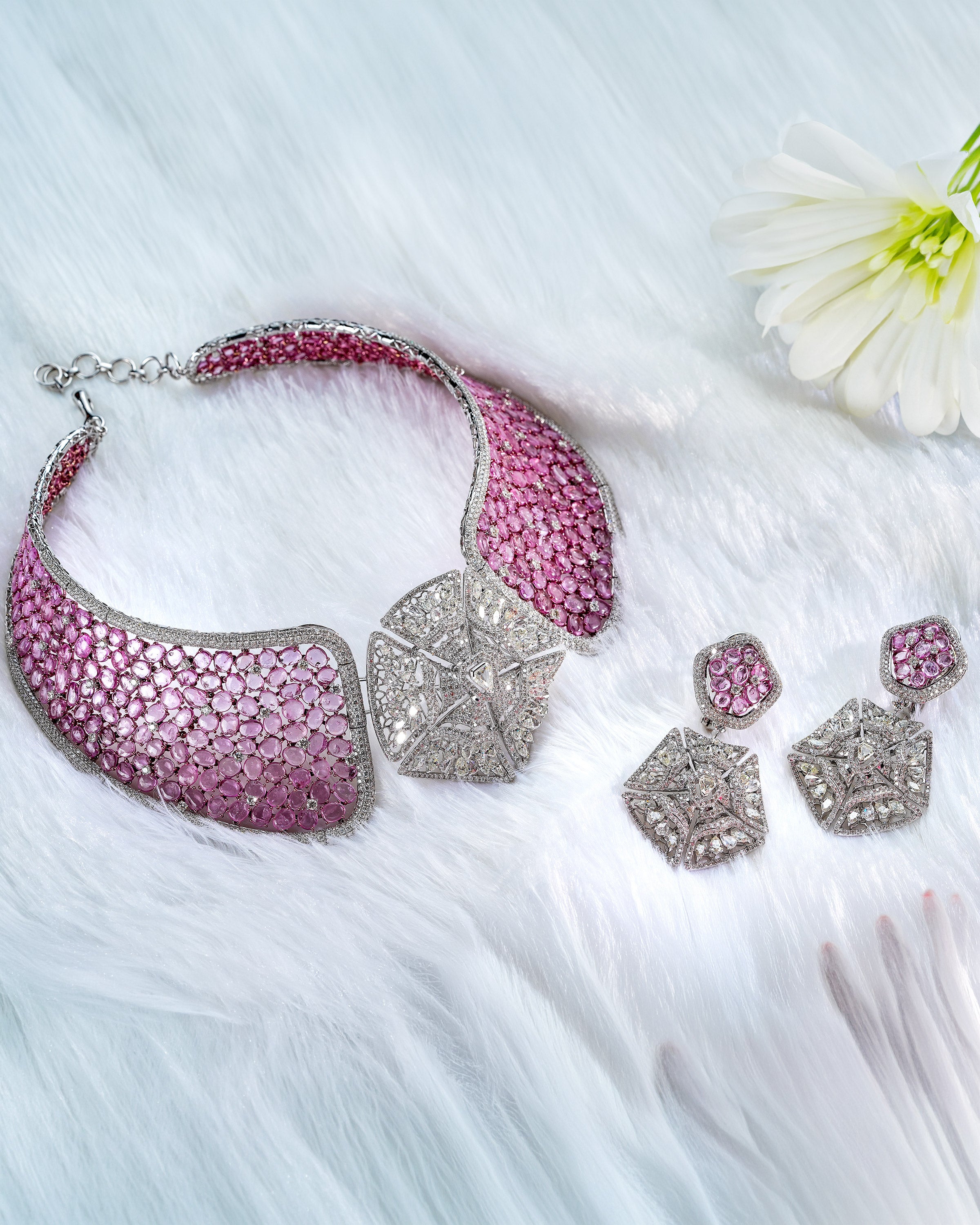 Blush Majesty Pink Sapphire Diamond Choker & Rosy Halo Pink Sapphire Diamond Studs