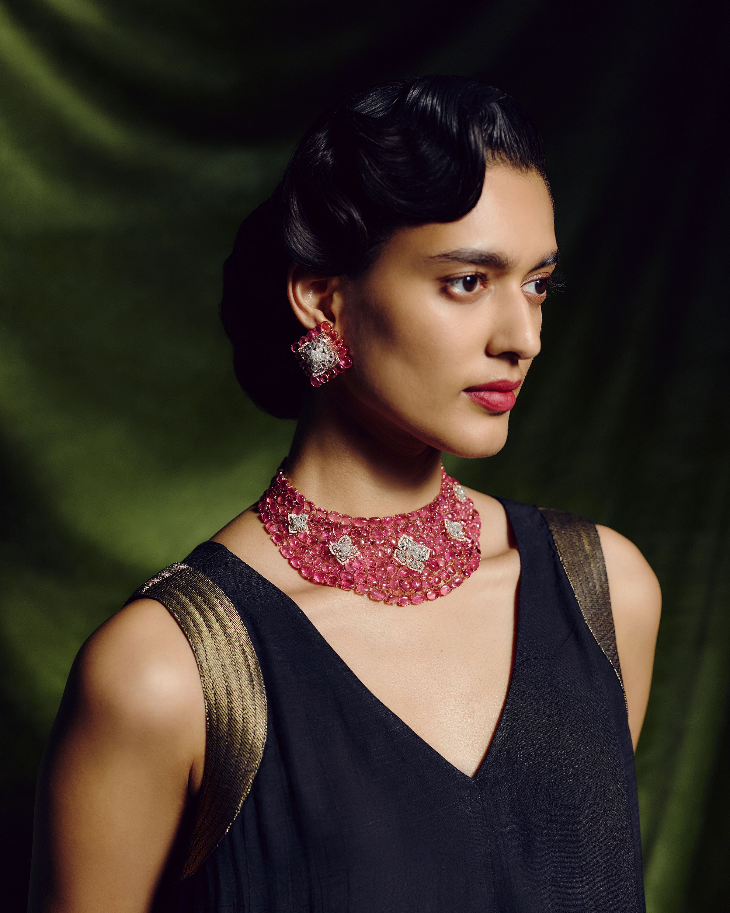 Pink Tourmaline Grandeur Statement Necklace & Blush Spark Pink Tourmaline Diamond Earrings