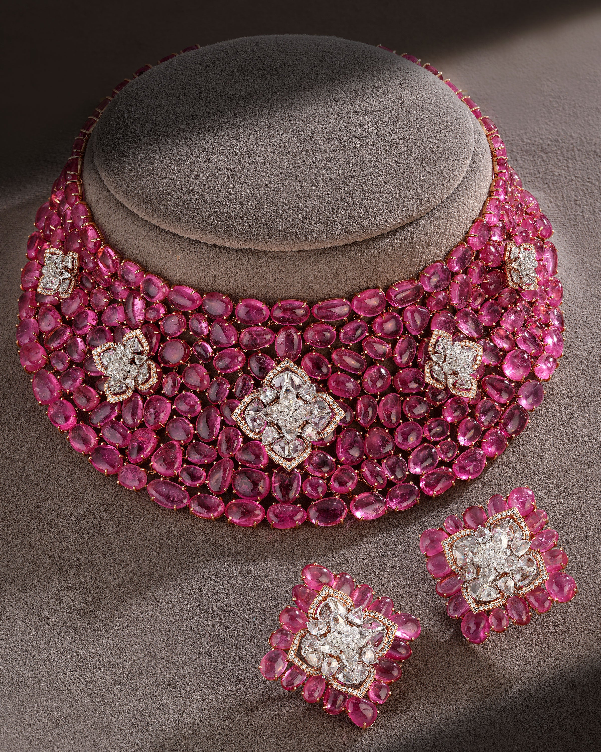 Pink Tourmaline Grandeur Statement Necklace & Blush Spark Pink Tourmaline Diamond Earrings