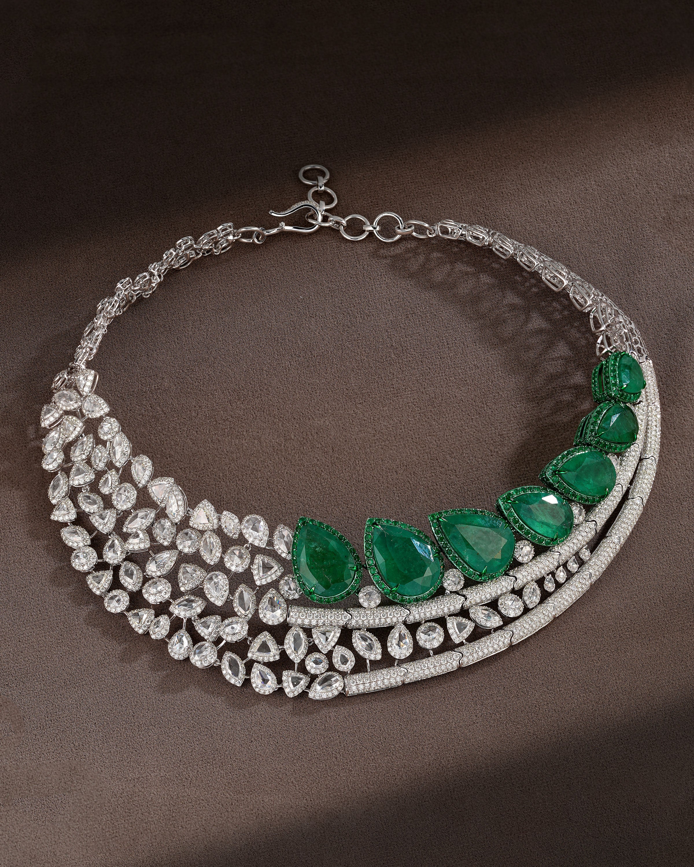 Regal Green Cascade Emerald Diamond Necklace & Emerald Crown Diamond Stud Drops