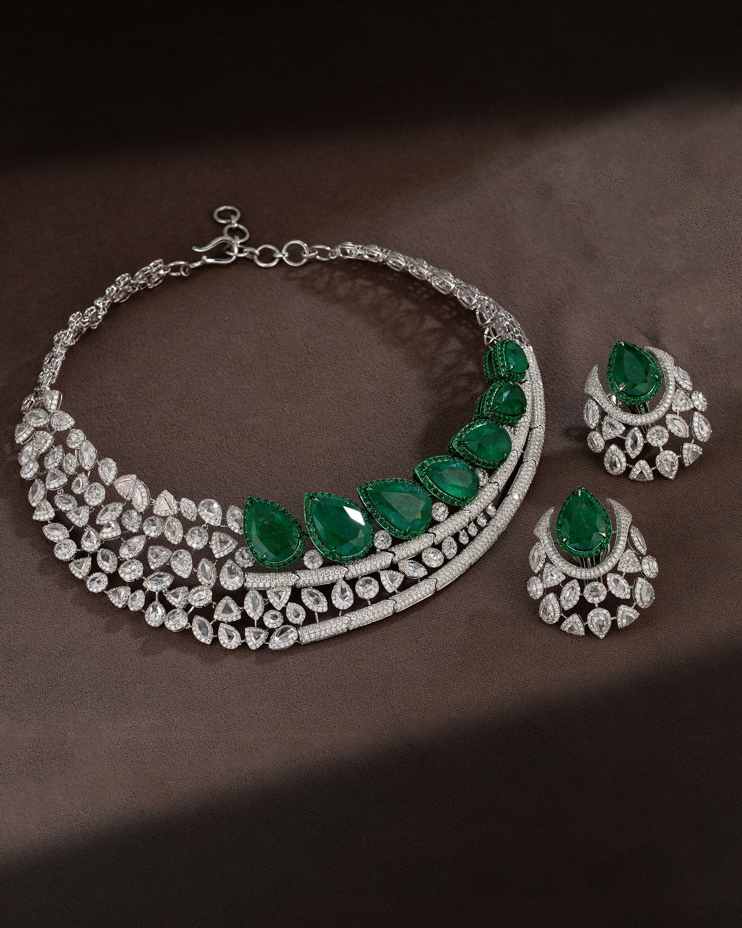 Regal Green Cascade Emerald Diamond Necklace & Emerald Crown Diamond Stud Drops