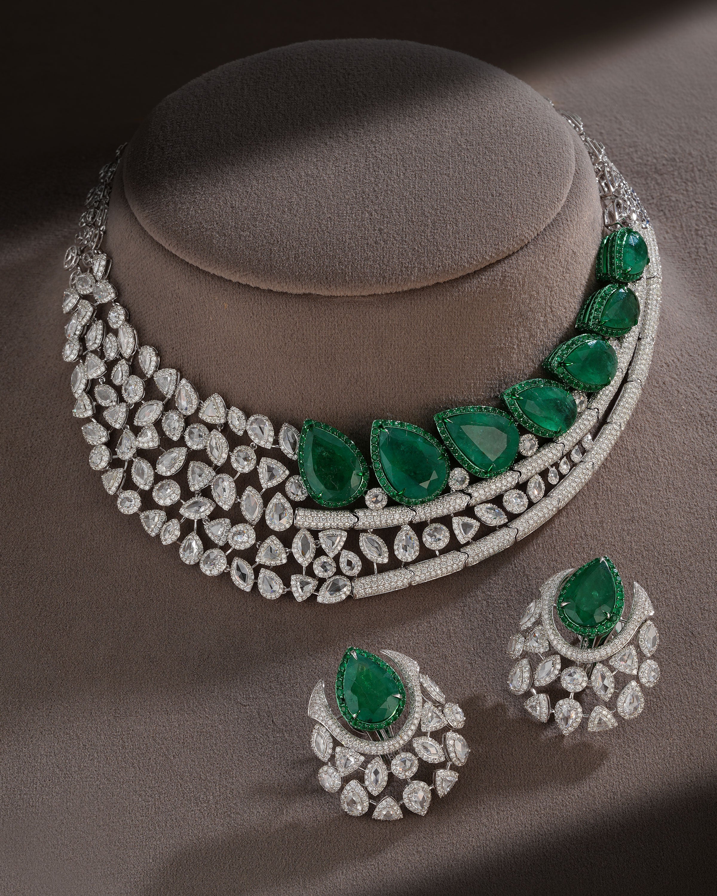 Regal Green Cascade Emerald Diamond Necklace & Emerald Crown Diamond Stud Drops