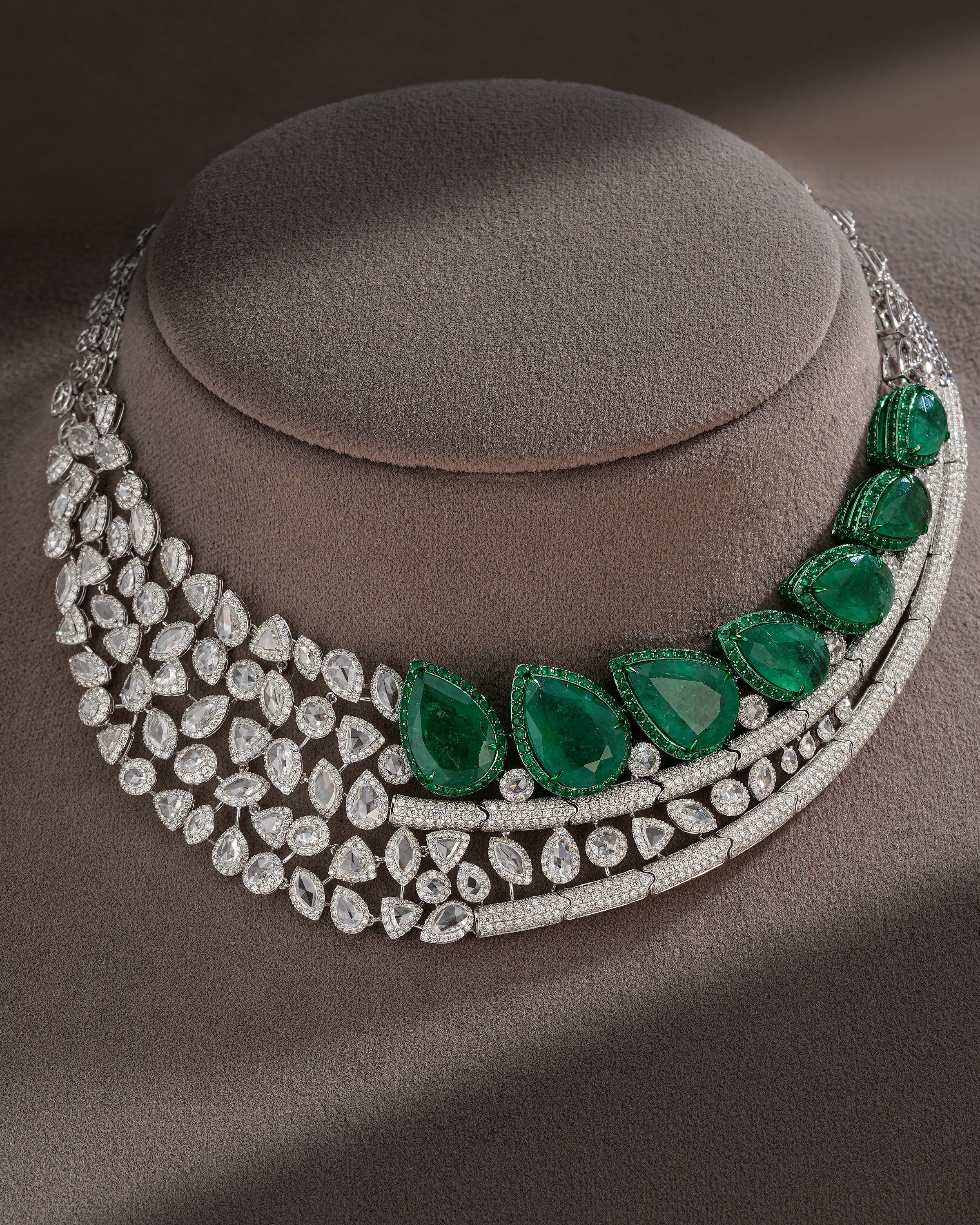 Regal Green Cascade Emerald Diamond Necklace & Emerald Crown Diamond Stud Drops
