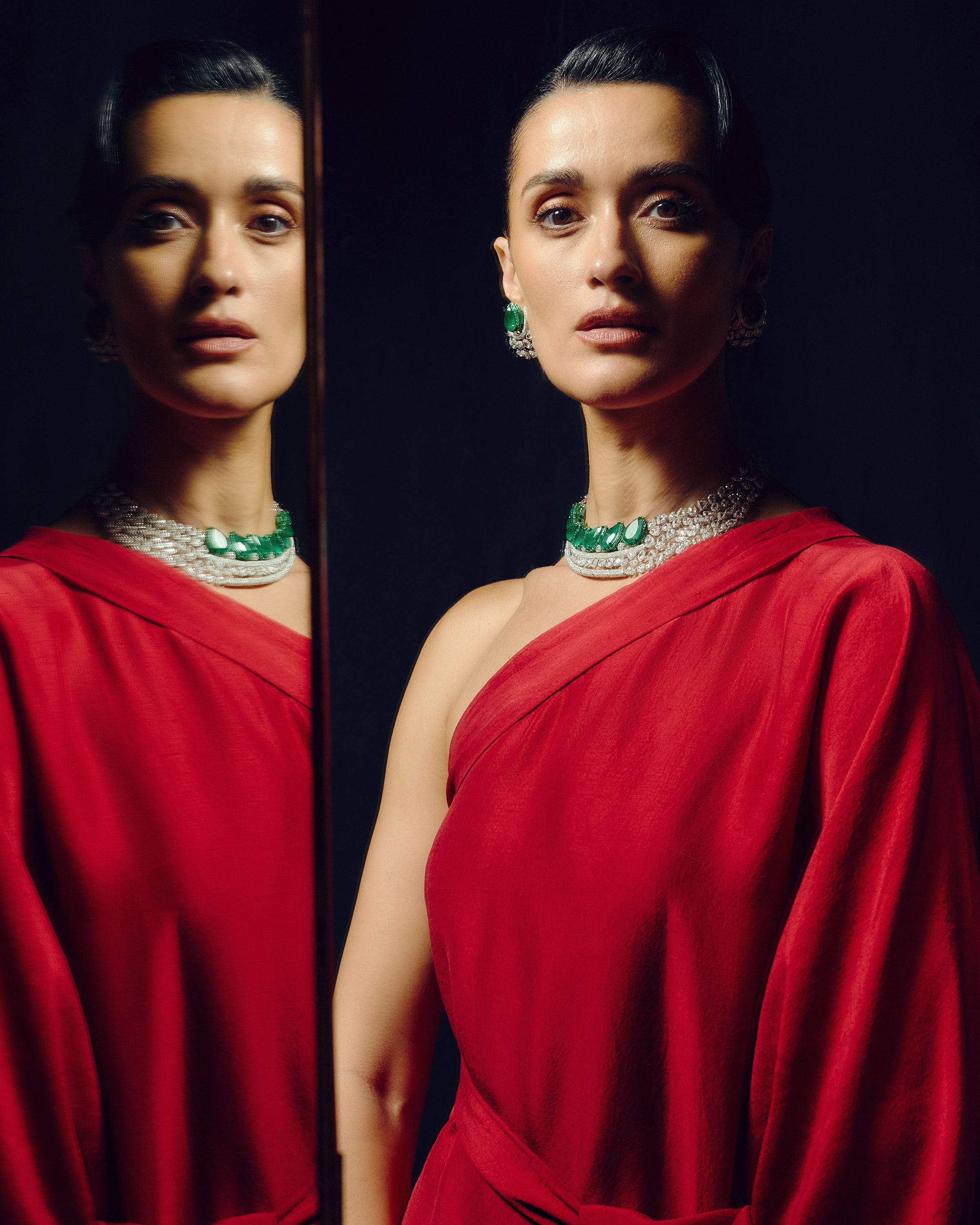 Regal Green Cascade Emerald Diamond Necklace & Emerald Crown Diamond Stud Drops