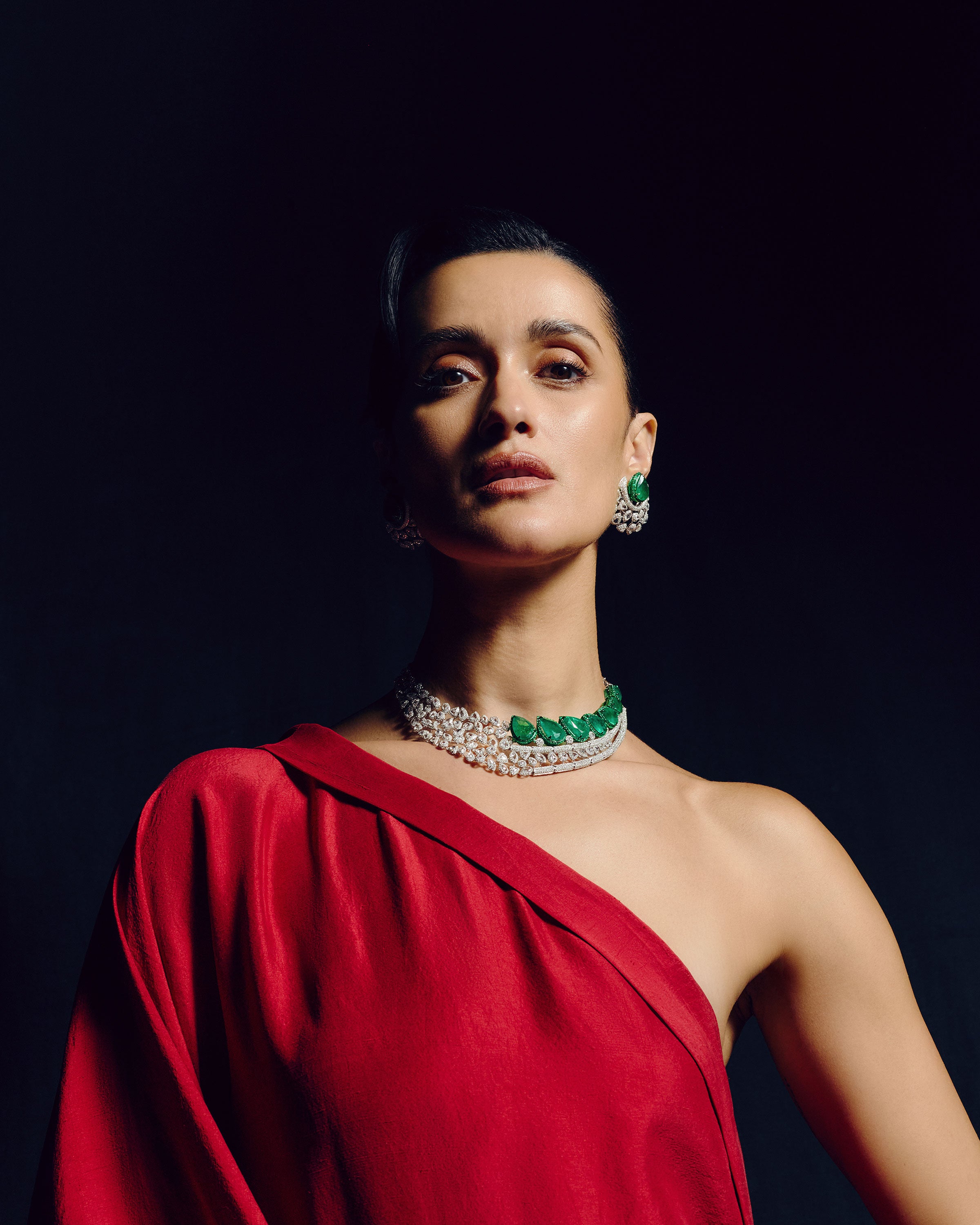 Regal Green Cascade Emerald Diamond Necklace & Emerald Crown Diamond Stud Drops