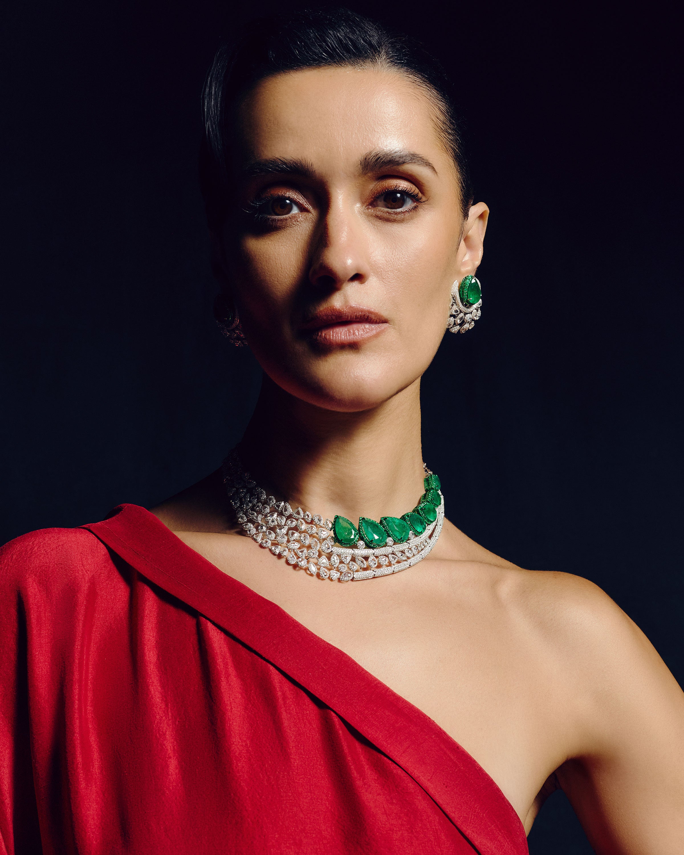 Regal Green Cascade Emerald Diamond Necklace & Emerald Crown Diamond Stud Drops