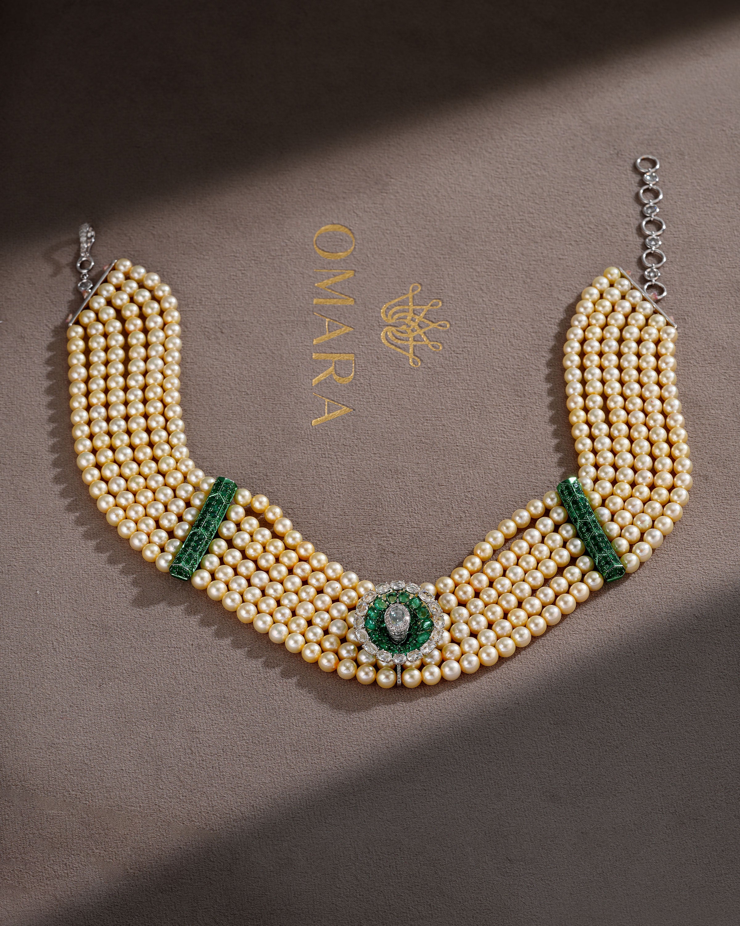 Royal Crest Pearl & Emerald Diamond Necklace & Emerald Halo Diamond Stud Earrings