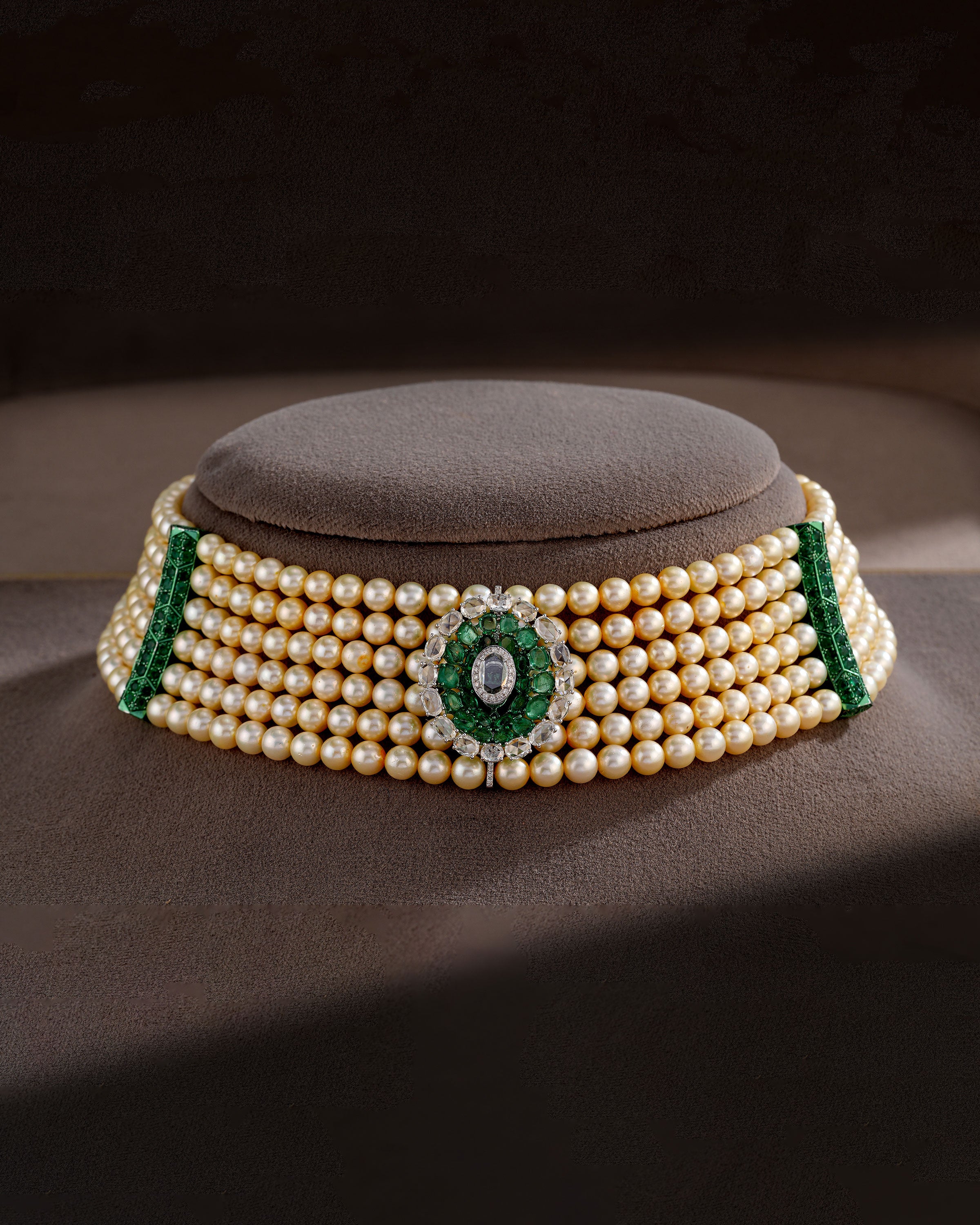 Royal Crest Pearl & Emerald Diamond Necklace & Emerald Halo Diamond Stud Earrings