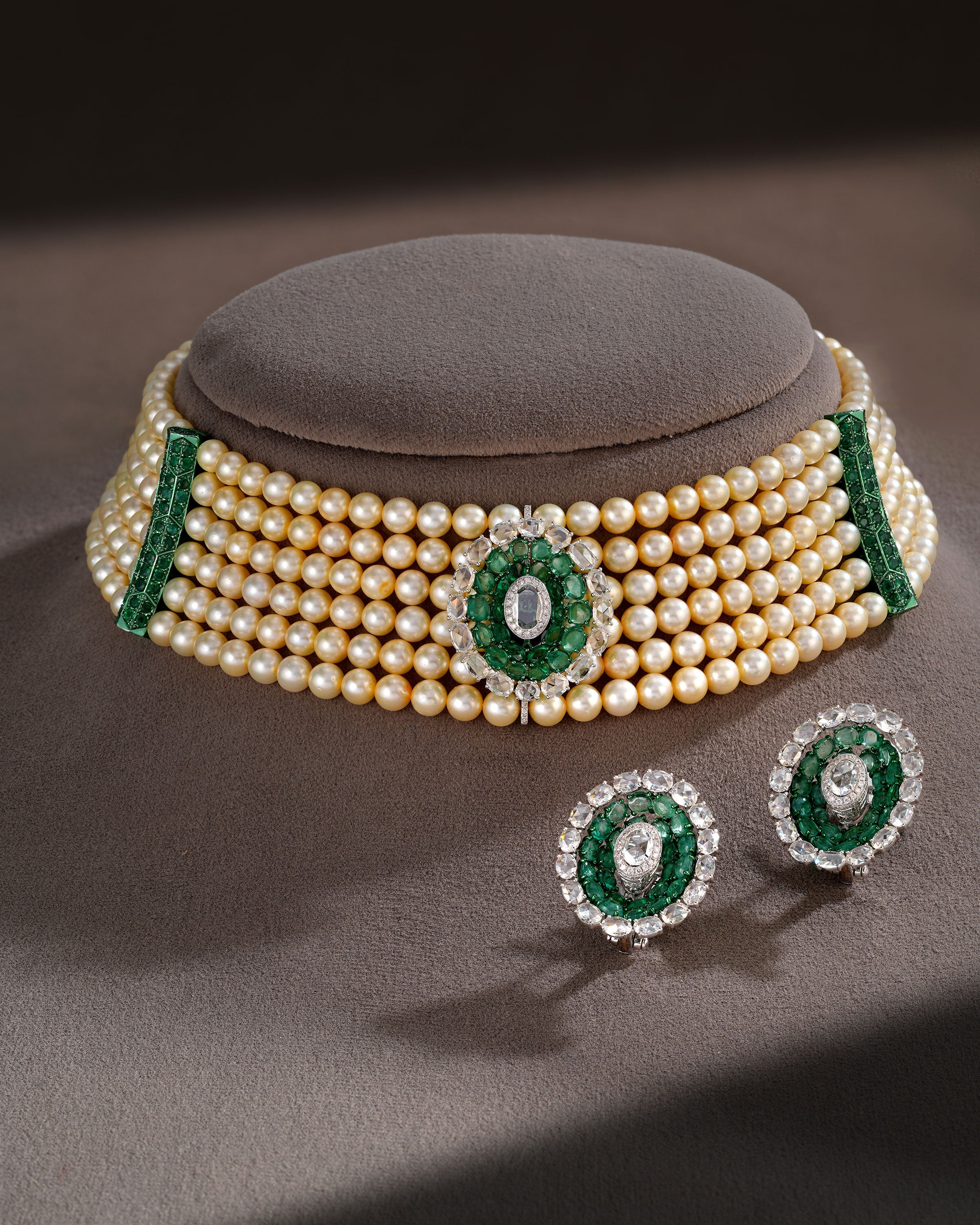 Royal Crest Pearl & Emerald Diamond Necklace & Emerald Halo Diamond Stud Earrings