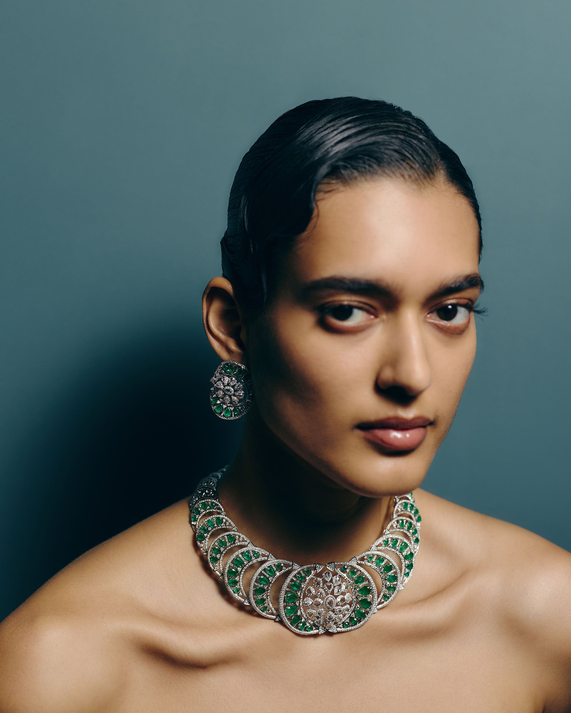 Verdant Majesty Zambian Emerald Diamond Necklace & Emerald Petal Diamond Danglers