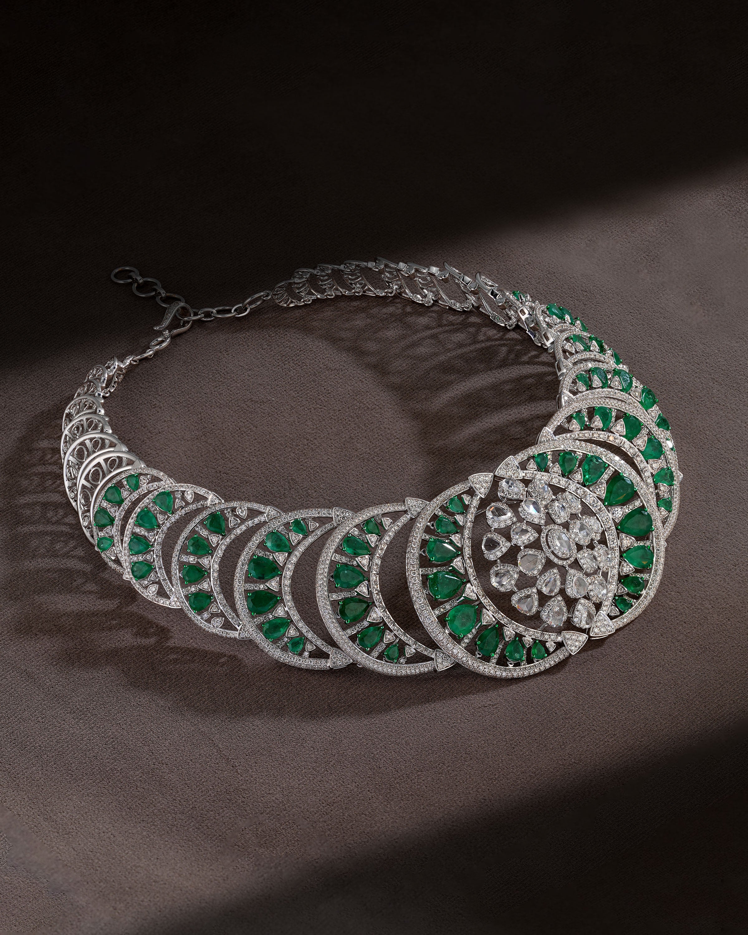 Verdant Majesty Zambian Emerald Diamond Necklace & Emerald Petal Diamond Danglers
