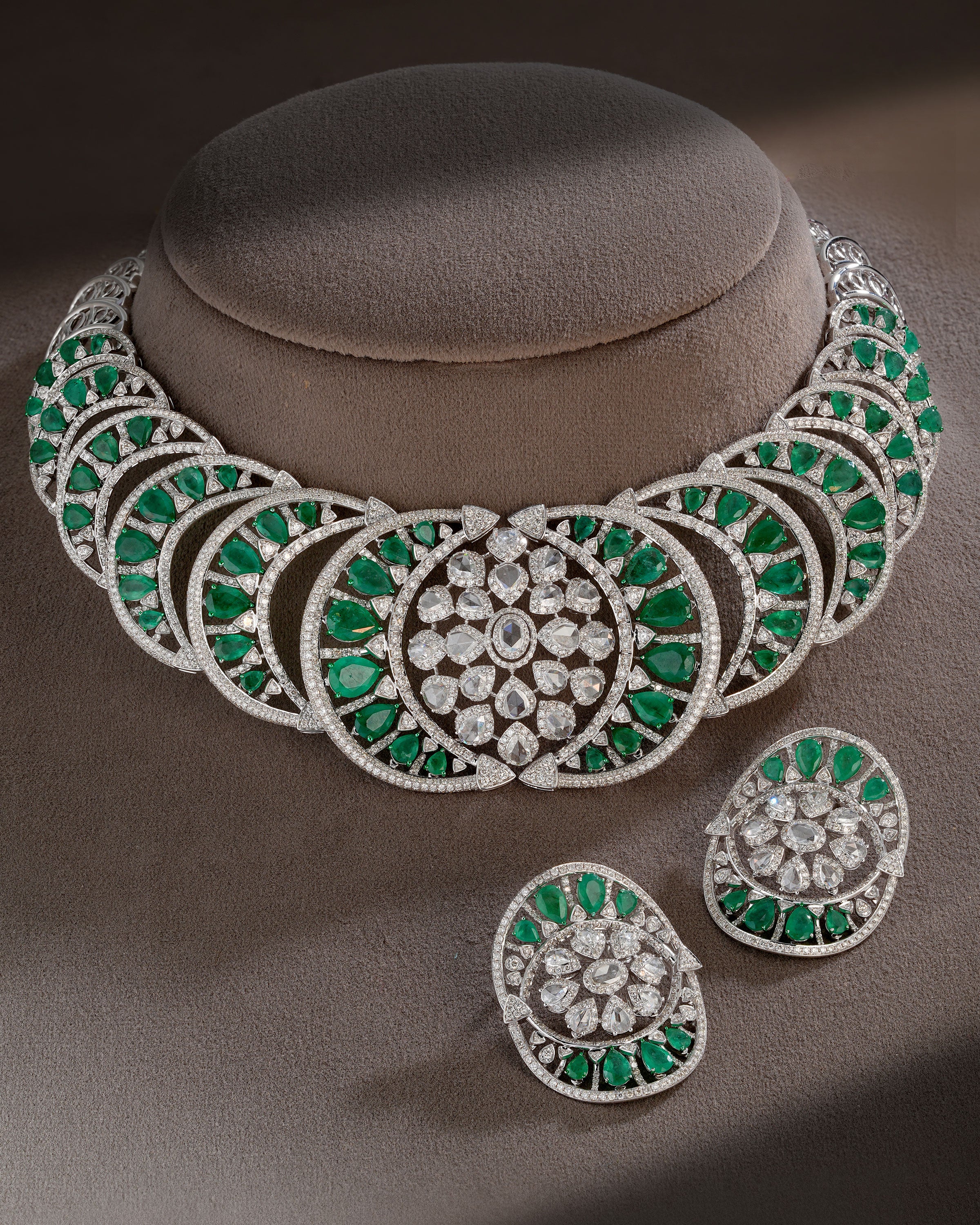 Verdant Majesty Zambian Emerald Diamond Necklace & Emerald Petal Diamond Danglers