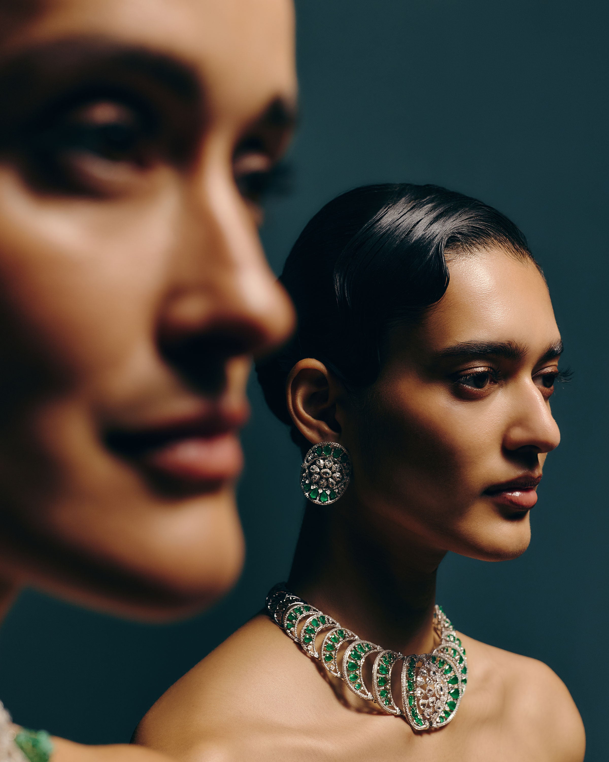 Verdant Majesty Zambian Emerald Diamond Necklace & Emerald Petal Diamond Danglers