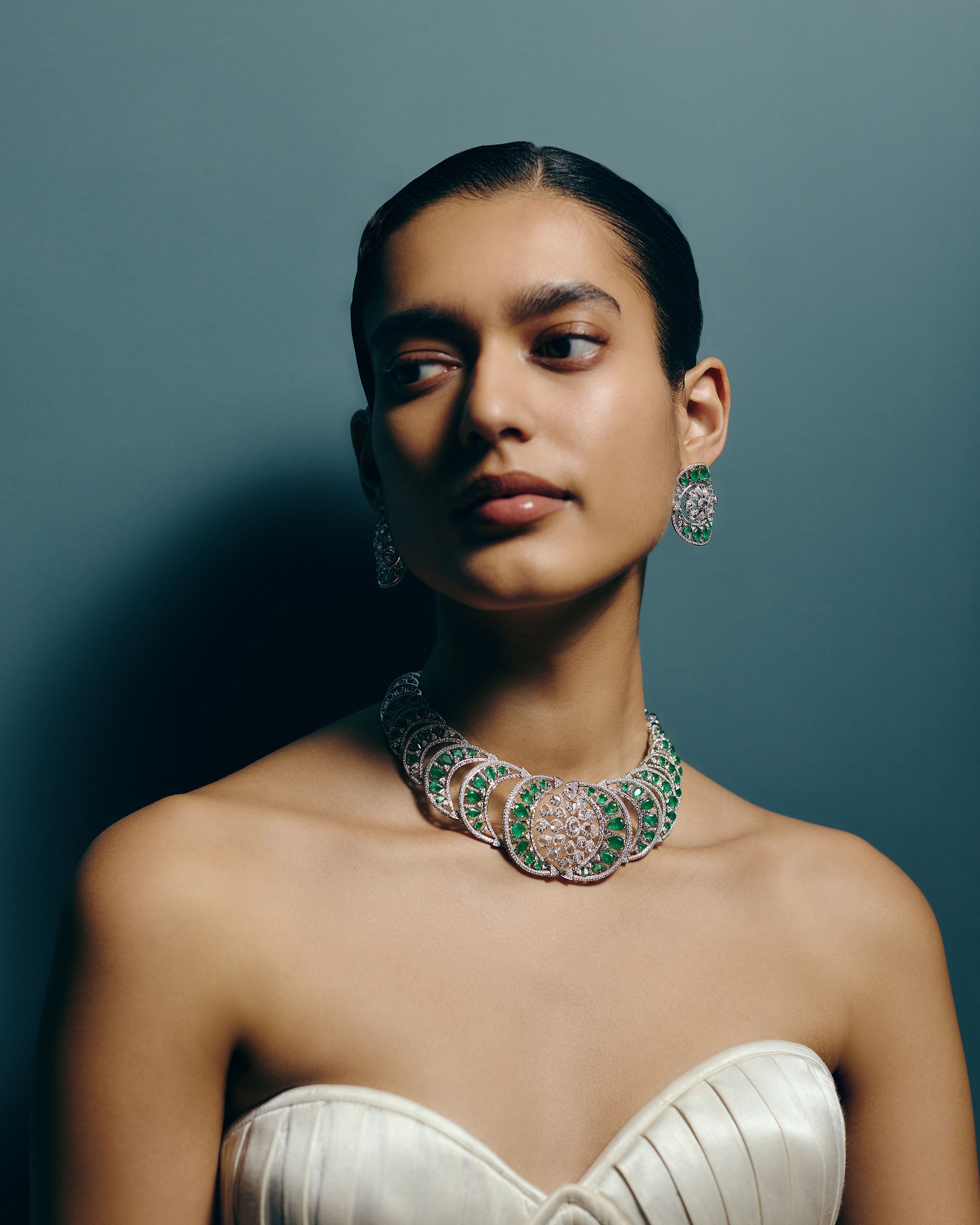 Verdant Majesty Zambian Emerald Diamond Necklace & Emerald Petal Diamond Danglers