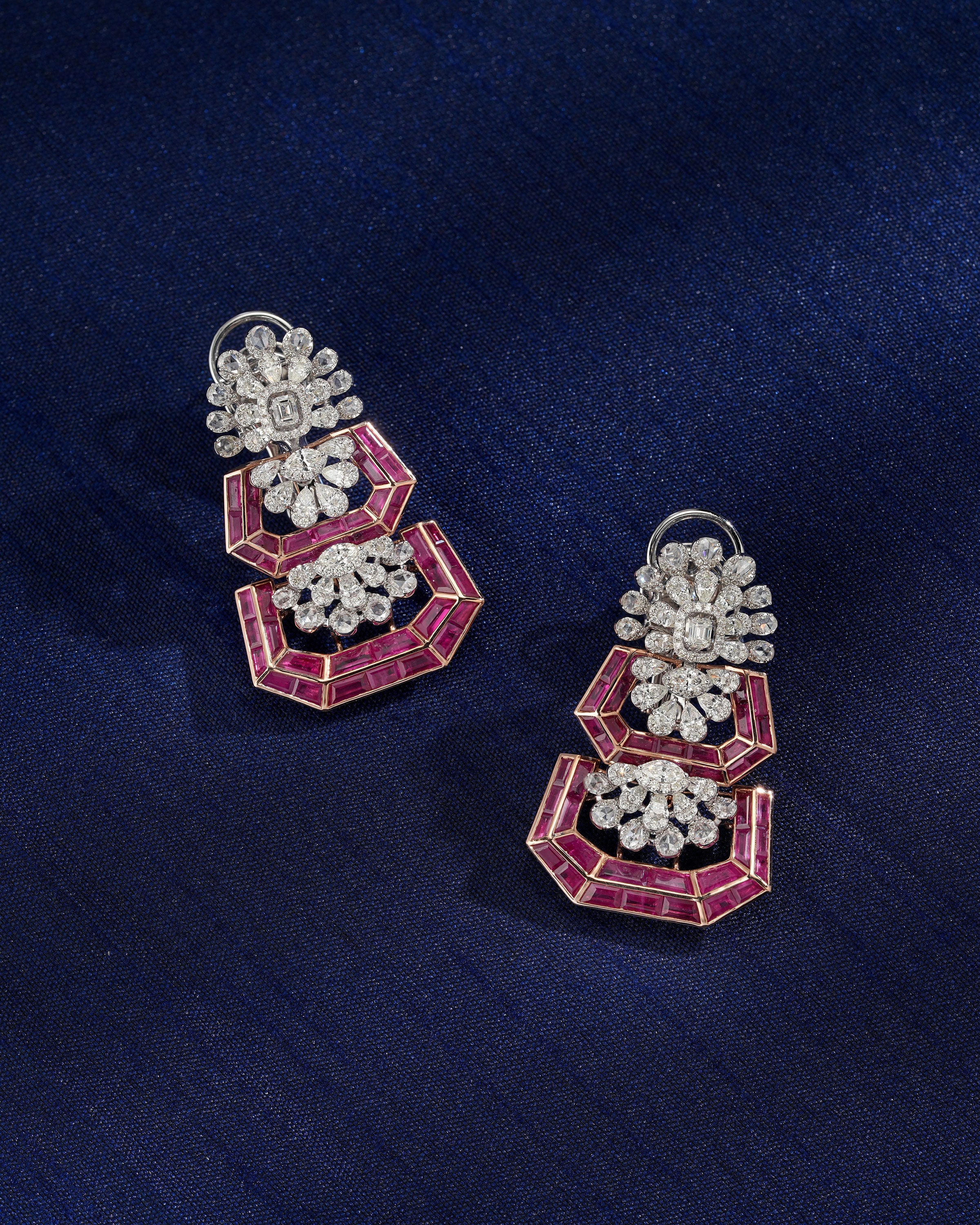 Crimson Bloom Burmese Ruby Diamond Earrings