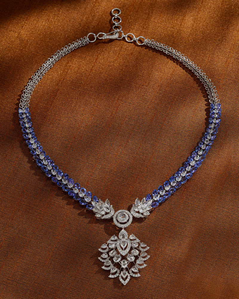 Blue Eclipse Tanzanite Solitaire Diamond Necklace