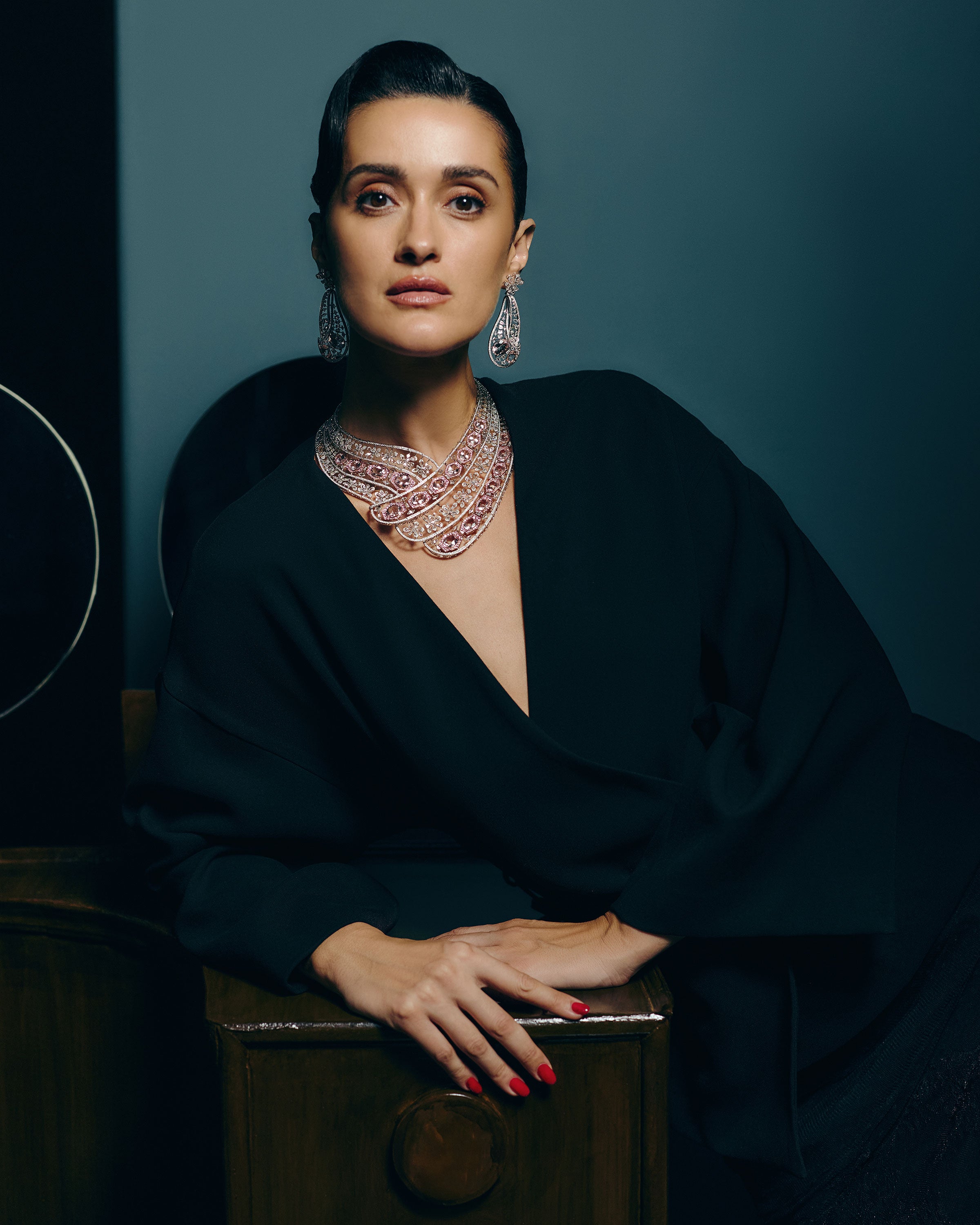 Blush Royale Morganite & Sapphire Grand Necklace & Petal Mist Morganite & Sapphire Lily Earrings