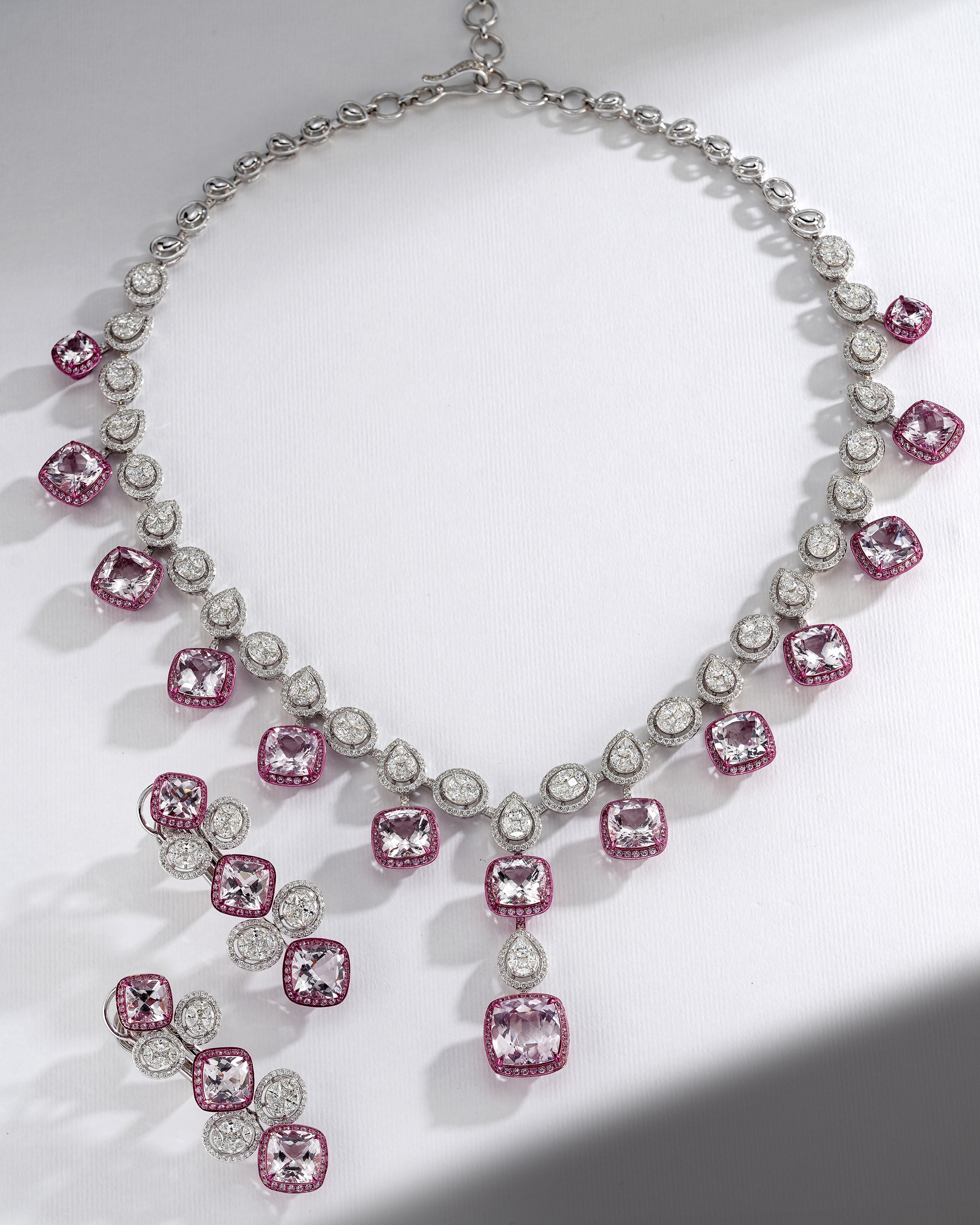 Morganite & Sapphire Spark Diamond Necklace  & Morganite Pink Glow Diamond Earrings
