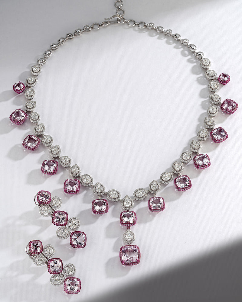 Morganite & Sapphire Spark Diamond Necklace  & Morganite Pink Glow Diamond Earrings