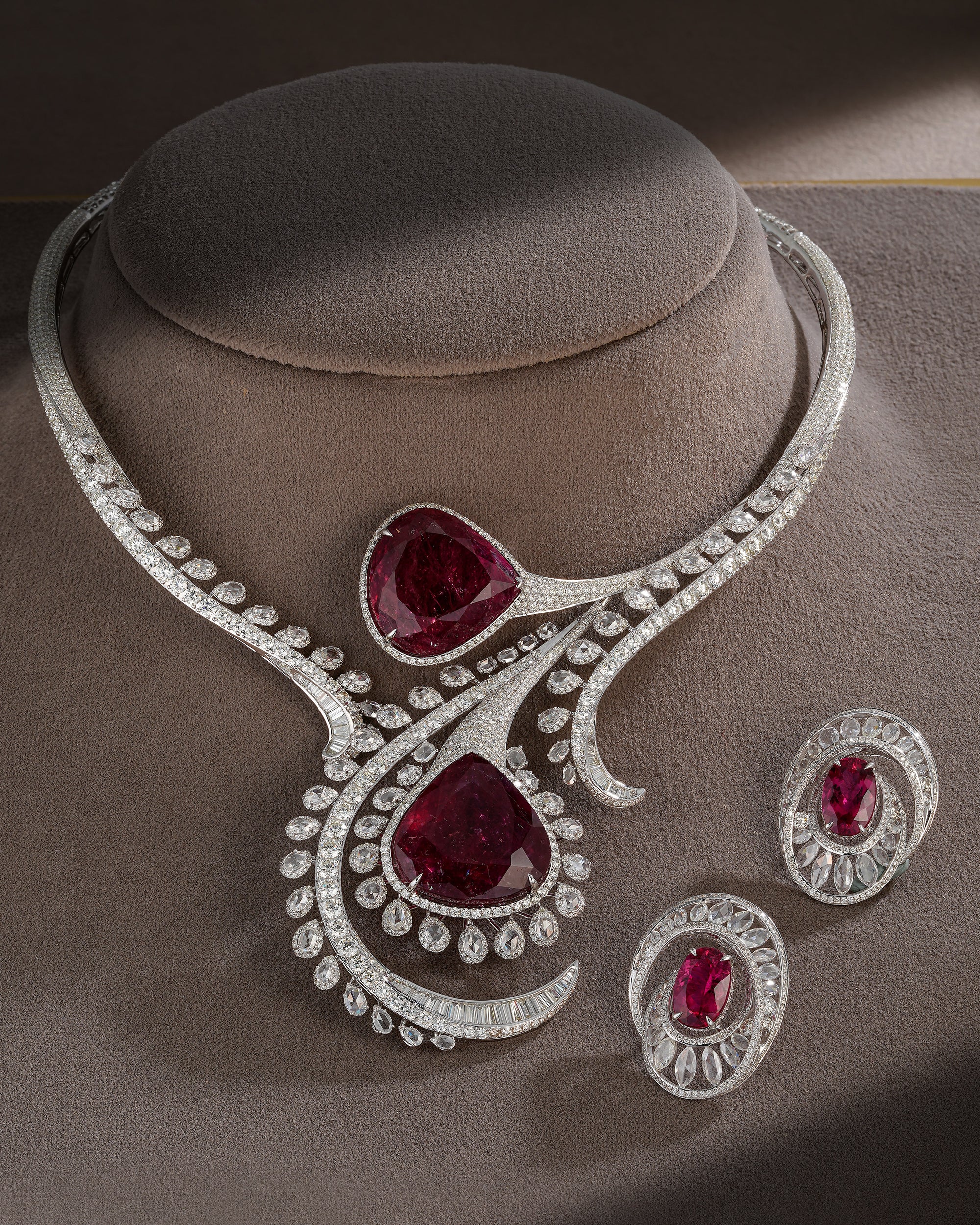 Rosette Tourmaline Cascade Diamond Necklace & Petite Dewdrop Tourmaline Diamond Earrings