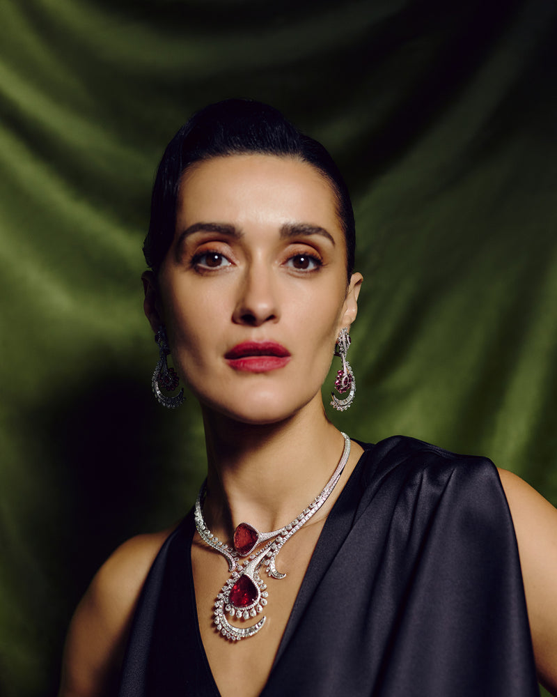 Rosette Tourmaline Cascade Diamond Necklace & Rosetta Rubellite Dual-Halo Earrings