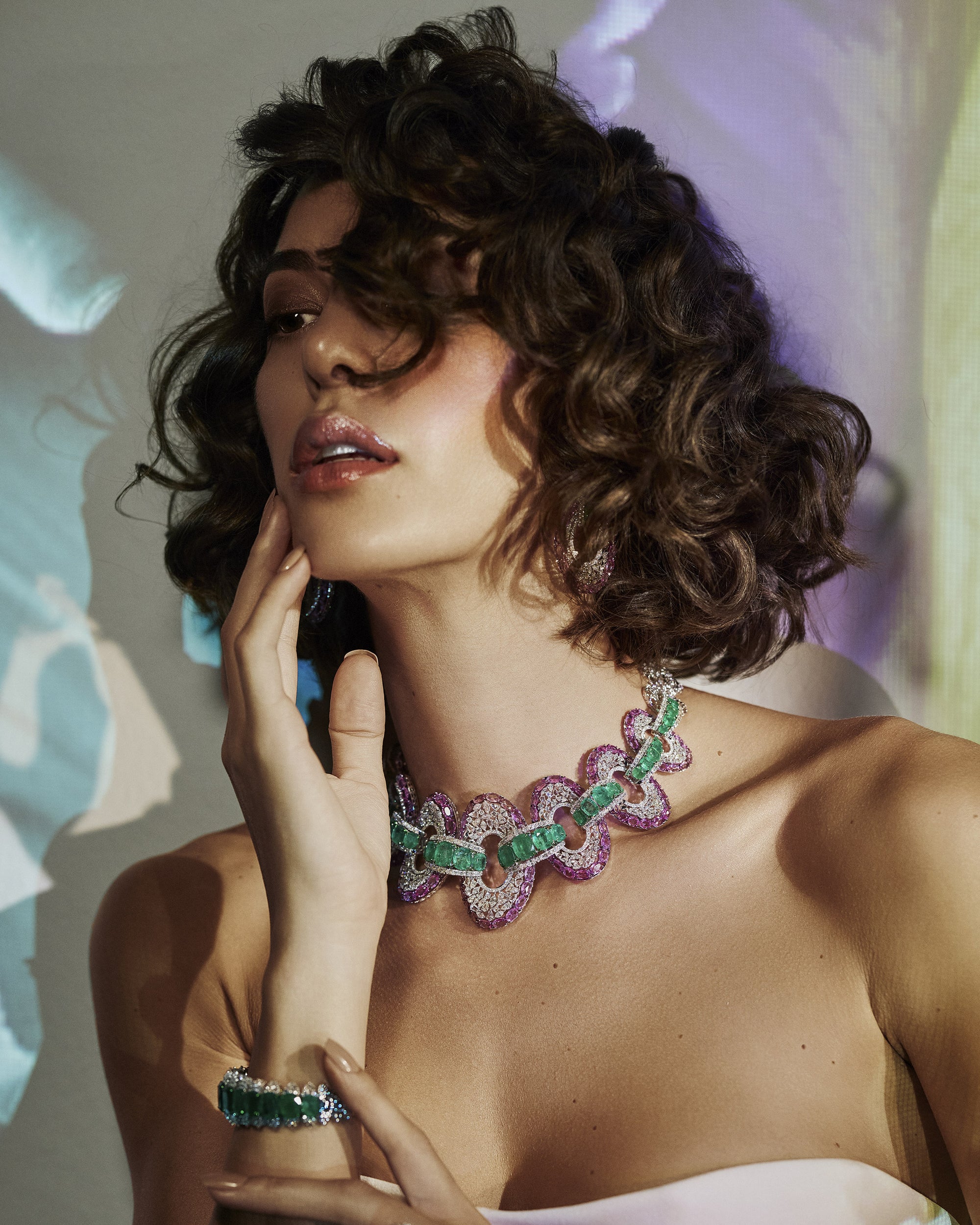 Enchanted Pink Sapphire & Zambian Emerald Necklace & Enchanted Pink Sapphire & Zambian Emerald Droplet Earrings