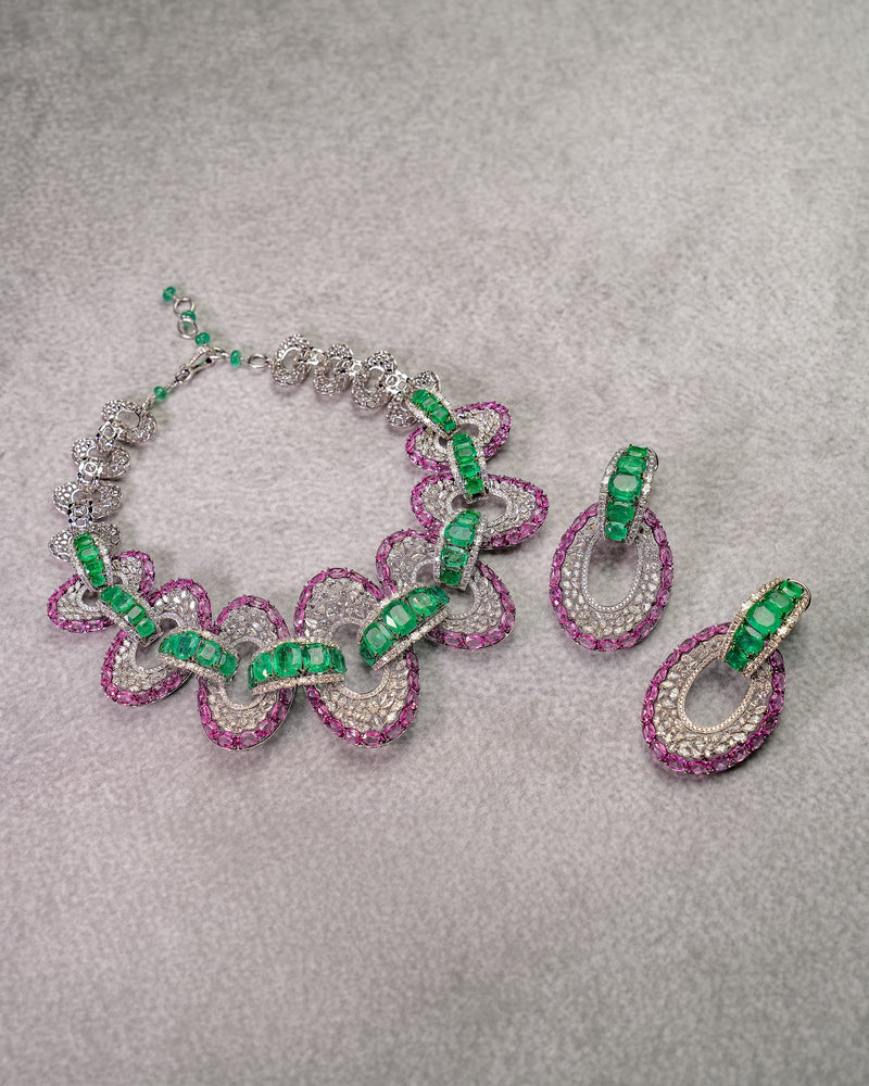 Enchanted Pink Sapphire & Zambian Emerald Necklace & Enchanted Pink Sapphire & Zambian Emerald Droplet Earrings