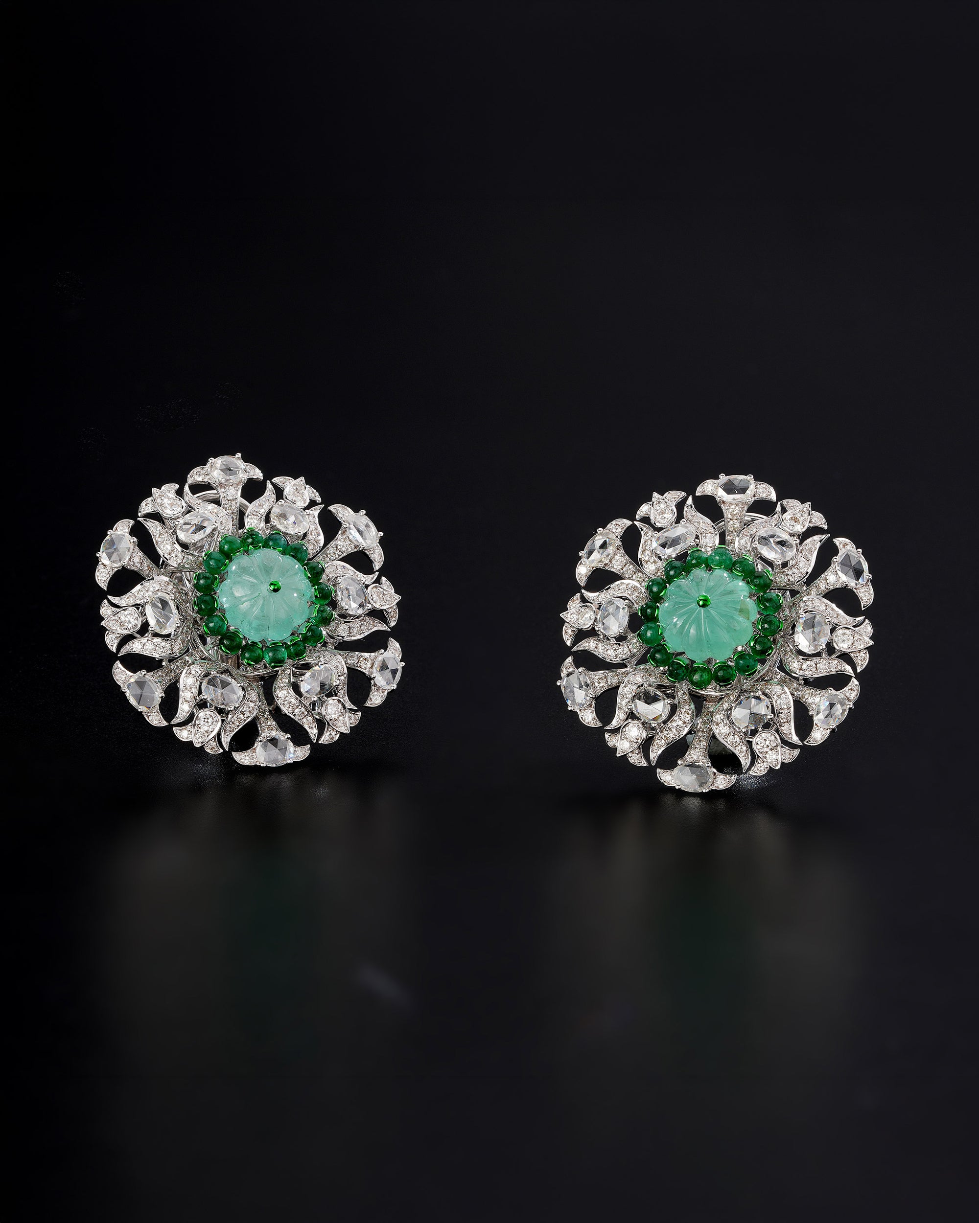 Emerald Bloom Russian & Zambian Diamond Necklace & Dual-Emerald Glow Diamond Earrings