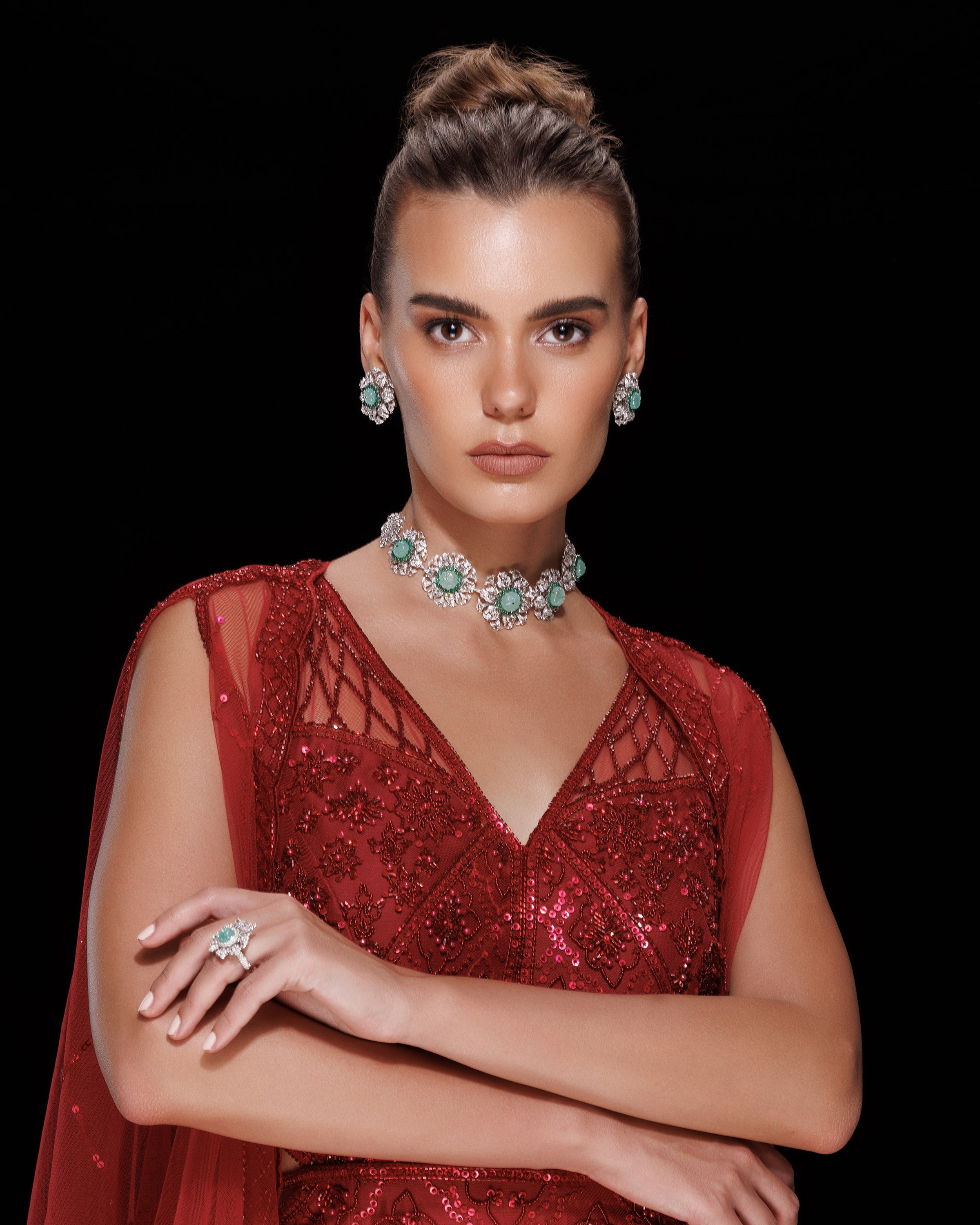 Emerald Bloom Russian & Zambian Diamond Necklace & Dual-Emerald Glow Diamond Earrings