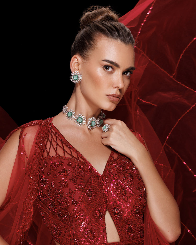 Emerald Bloom Russian & Zambian Diamond Necklace & Dual-Emerald Glow Diamond Earrings