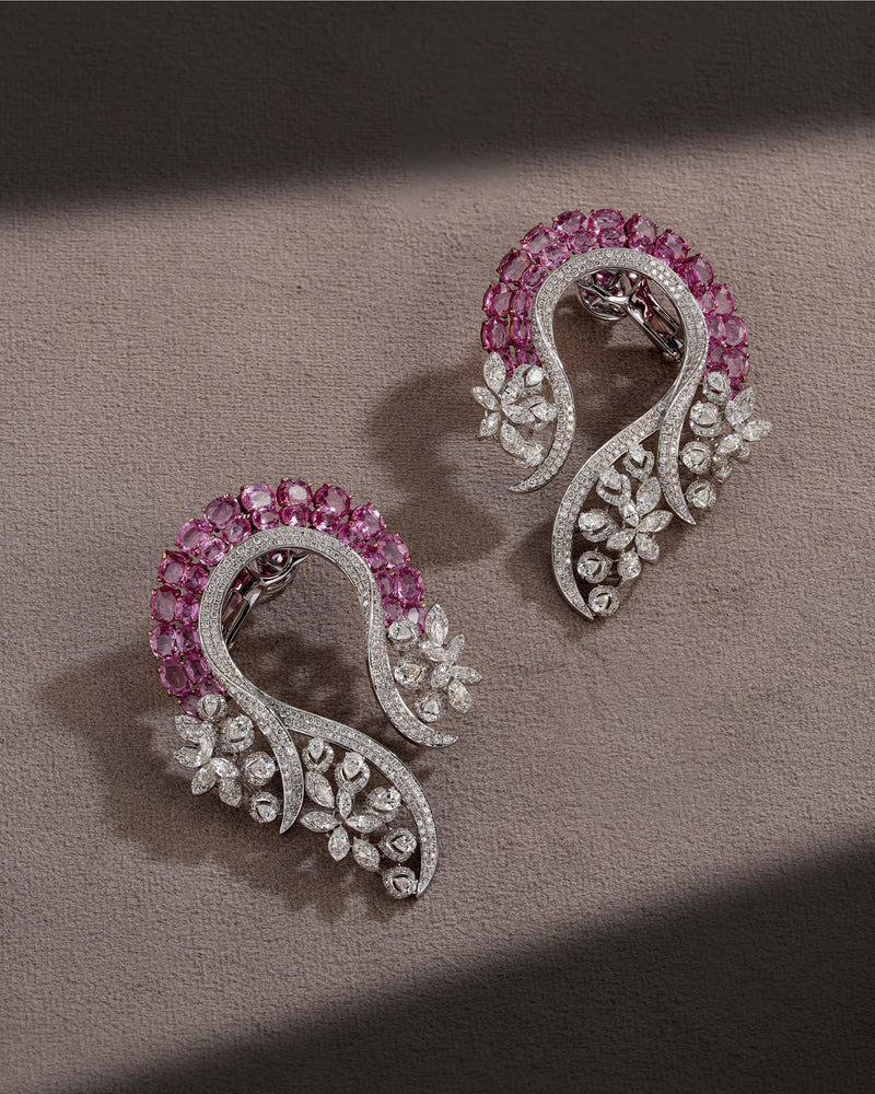 Blush Radiance Pink Sapphire Diamond Necklace & Rosette Bloom Pink Sapphire Diamond Earrings