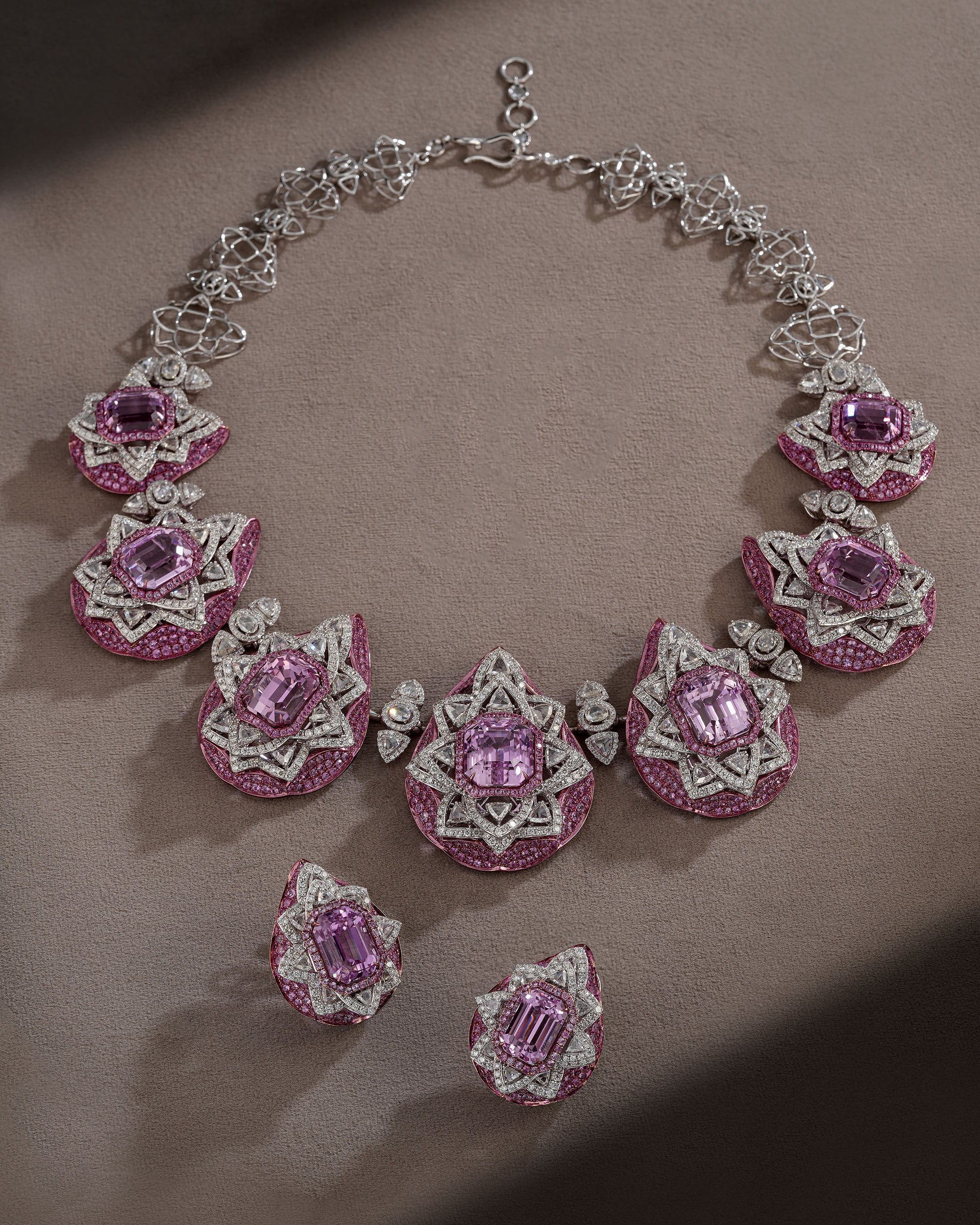 Rosette Cascade Kunzite & Sapphire Necklace & Rosette Cascade Kunzite & Sapphire Drops