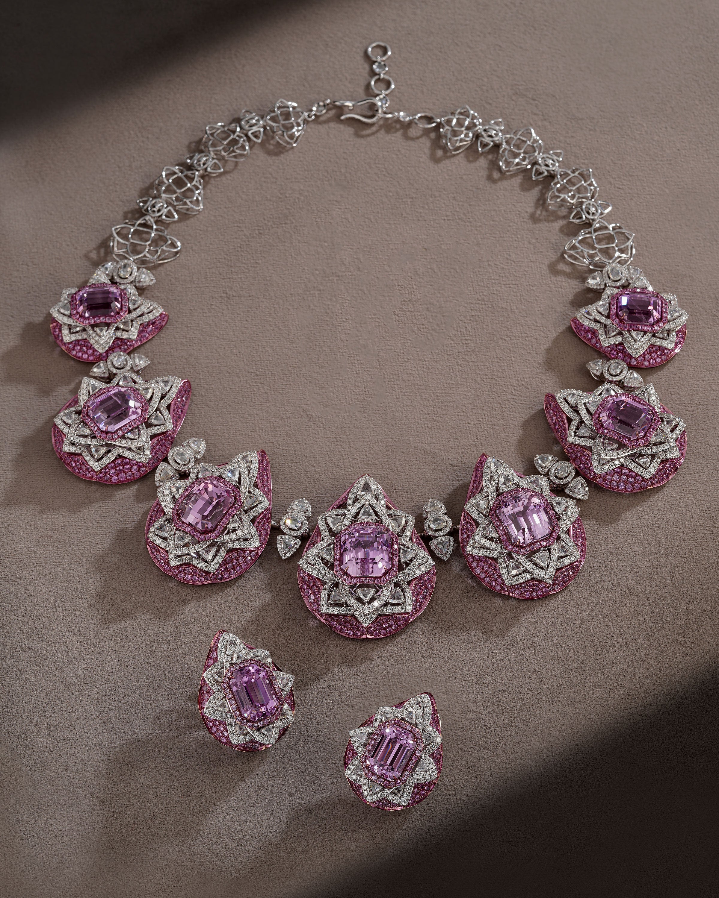 Rosette Cascade Kunzite & Sapphire Necklace & Rosette Cascade Kunzite & Sapphire Drops