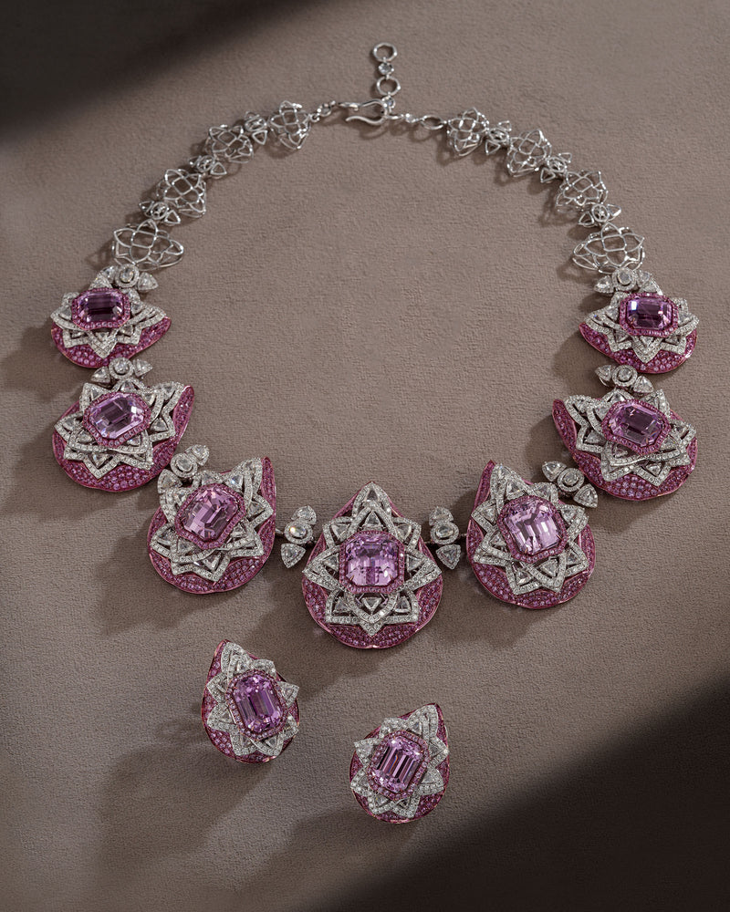 Rosette Cascade Kunzite & Sapphire Necklace & Rosette Cascade Kunzite & Sapphire Drops