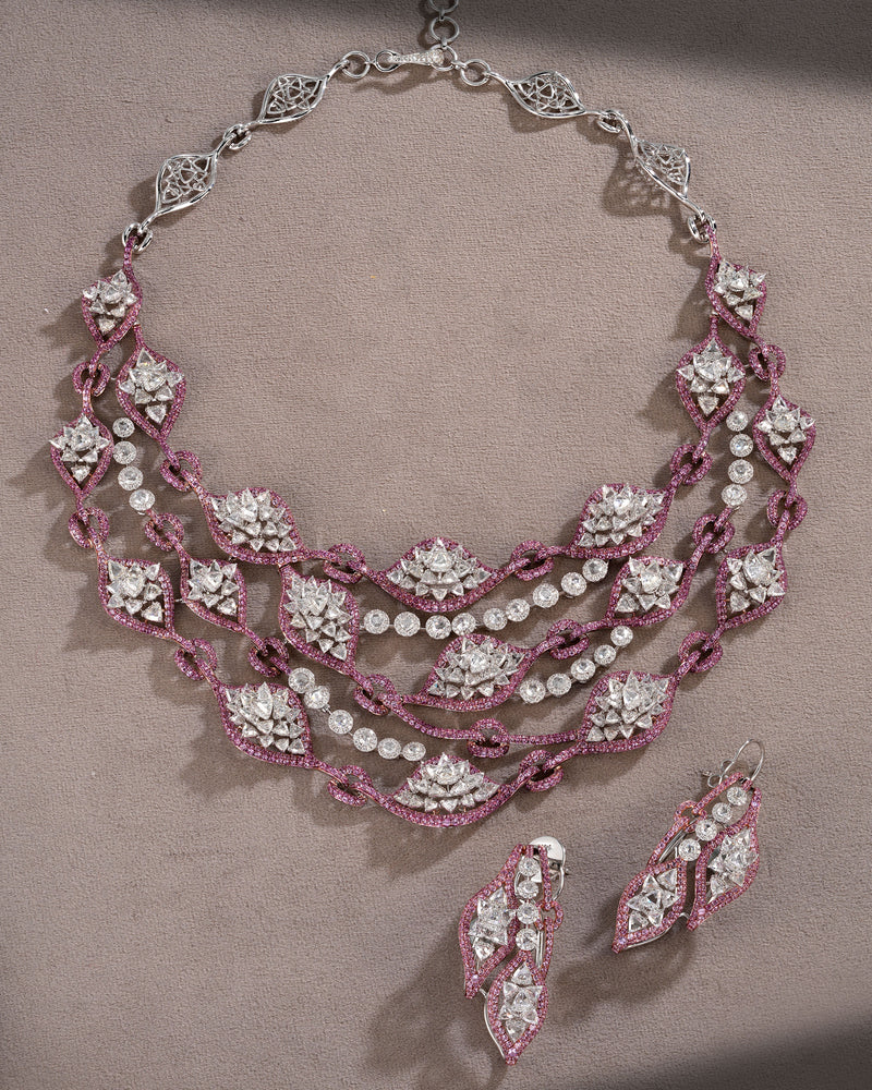 Blossom Crest Pink Sapphire Diamond Necklace & Rosy Grace Pink Sapphire Diamond Earrings