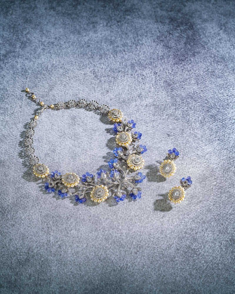 Ocean Bloom Pearl & Tanzanite Diamond Necklace & Ocean Bloom Pearl & Tanzanite Diamond Earring