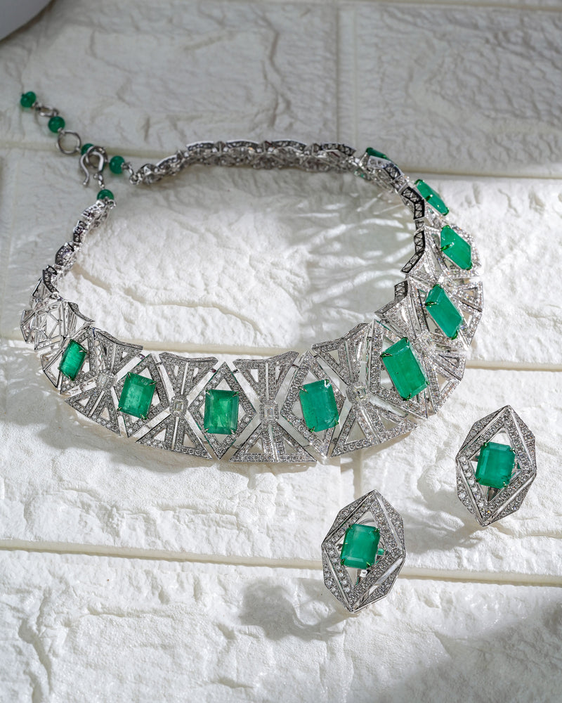 Imperial Cascade Zambian Emerald Diamond Necklace & Emerald Dewdrop Petite Diamond Earrings