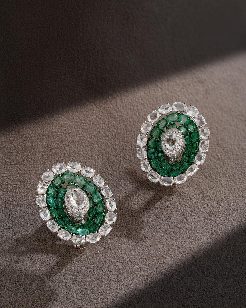 Emerald Halo Diamond Stud Earrings